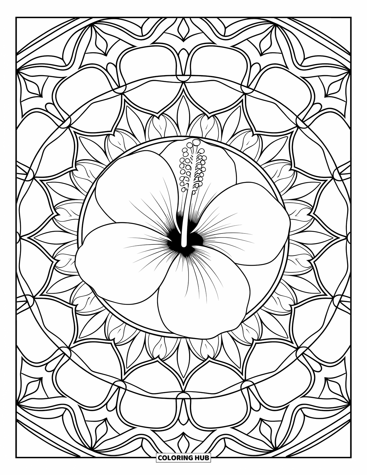 Hibiscus Coloring Page for Adults: Large hibiscus bloom with swirling, symmetrical mandala shapes