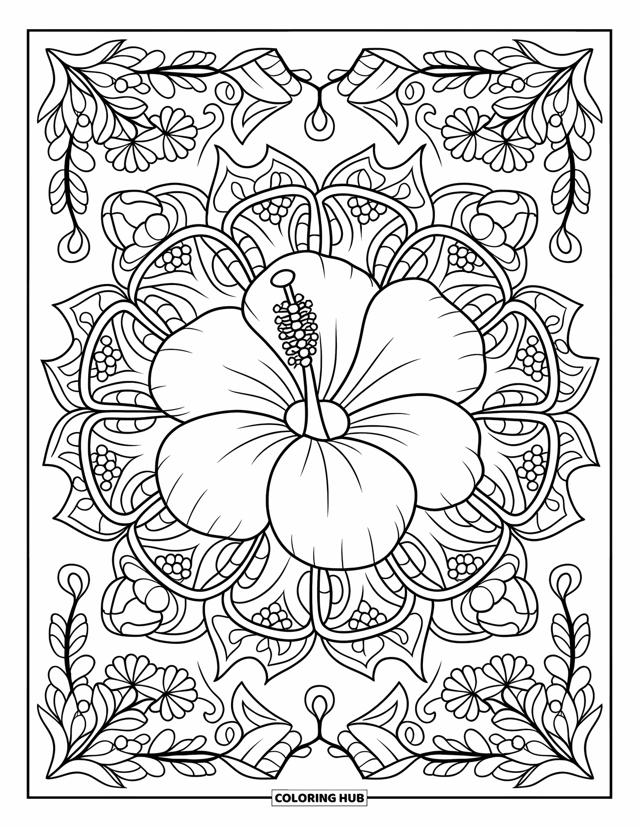 Hibiscus Coloring Page for Adults: Large hibiscus surrounded by leaves and flower mandala patterns