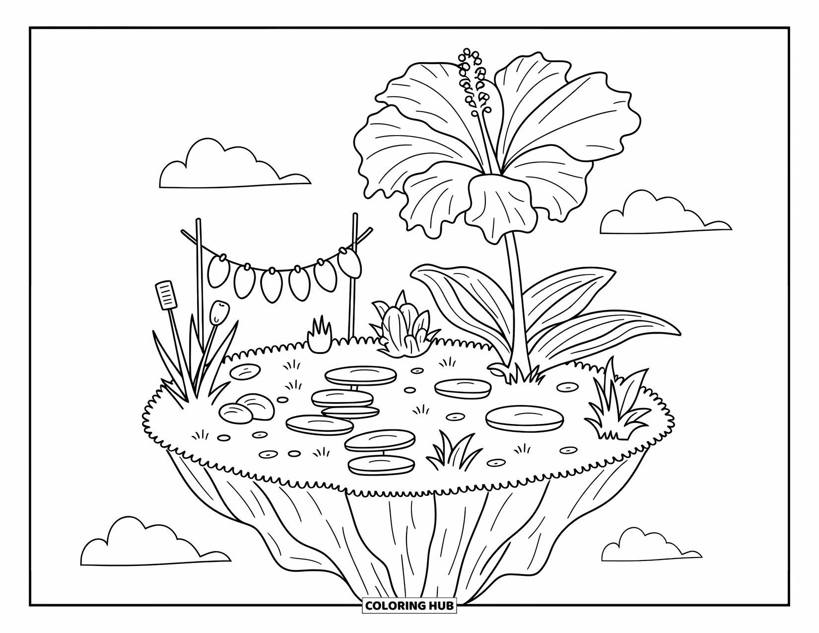 Hibiscus Coloring Page for Adults: Mini floating island with hibiscus, stepping stones, and cozy details