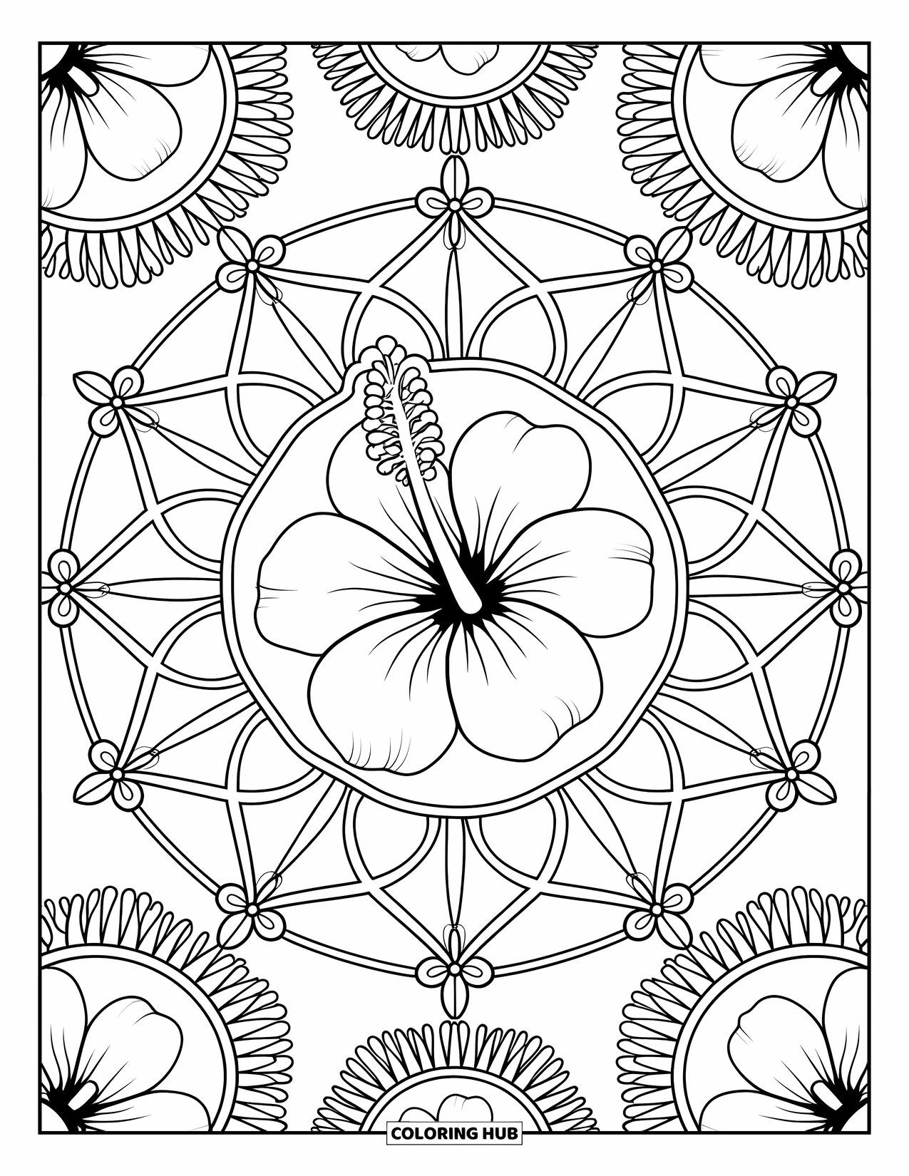Hibiscus Coloring Page for Adults: Round hibiscus bloom with delicate mandala and tiny flower accents