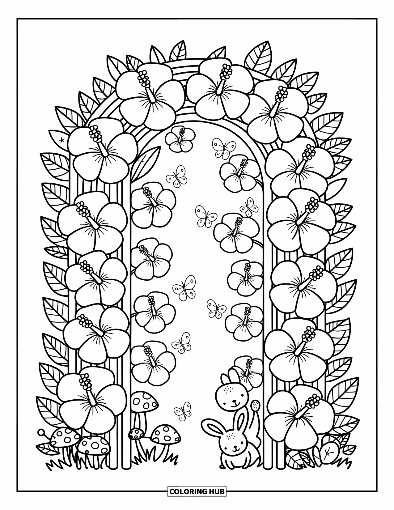 Hibiscus Coloring Page for Adults: Secret garden entry with hibiscus, butterflies, and cozy details