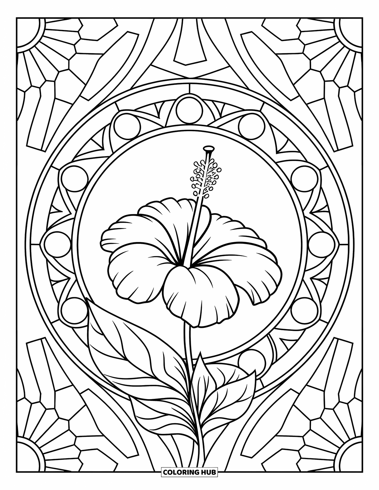 Hibiscus Coloring Page for Adults: Single hibiscus flower in a circle of mandala lines and stars