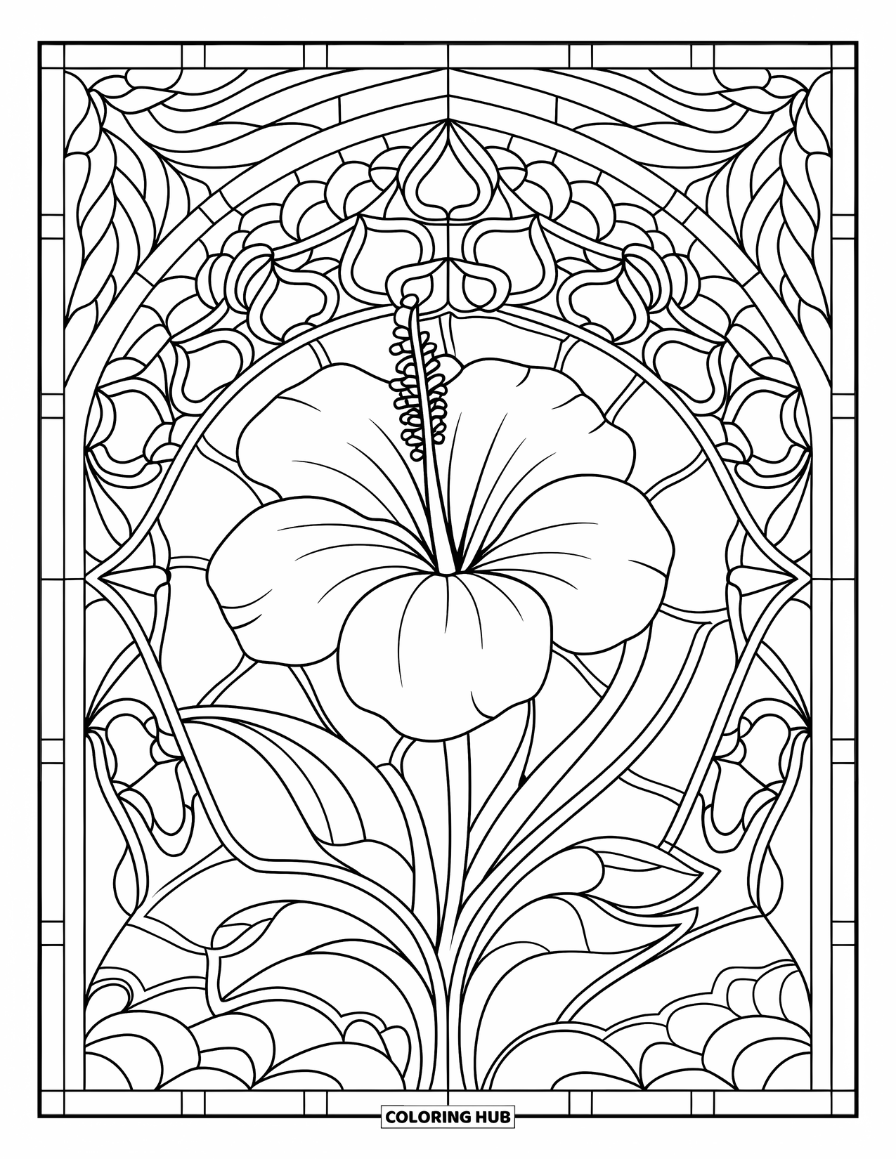 Hibiscus Coloring Page for Adults: Stained-glass hibiscus flower surrounded by flowing floral designs