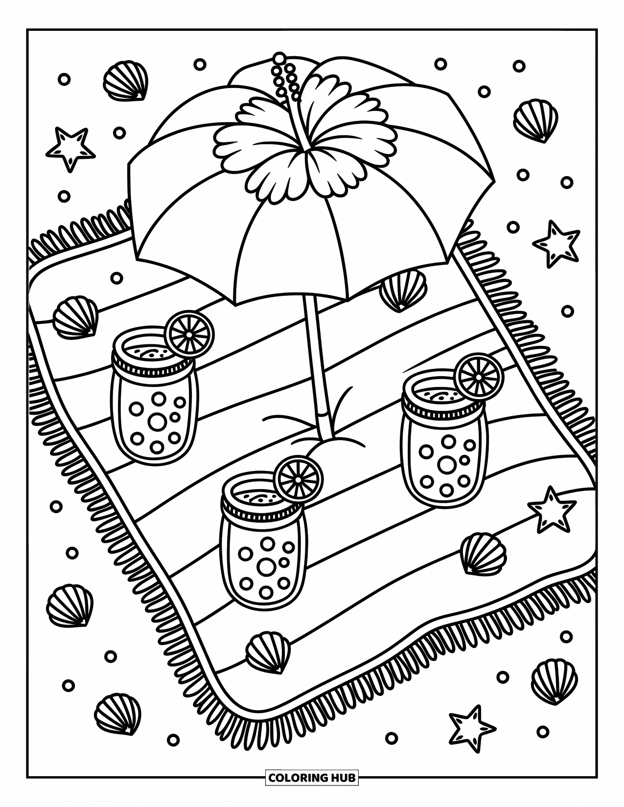 Hibiscus Coloring Page for Adults: Sunny picnic scene with hibiscus, lemonade, and seashells