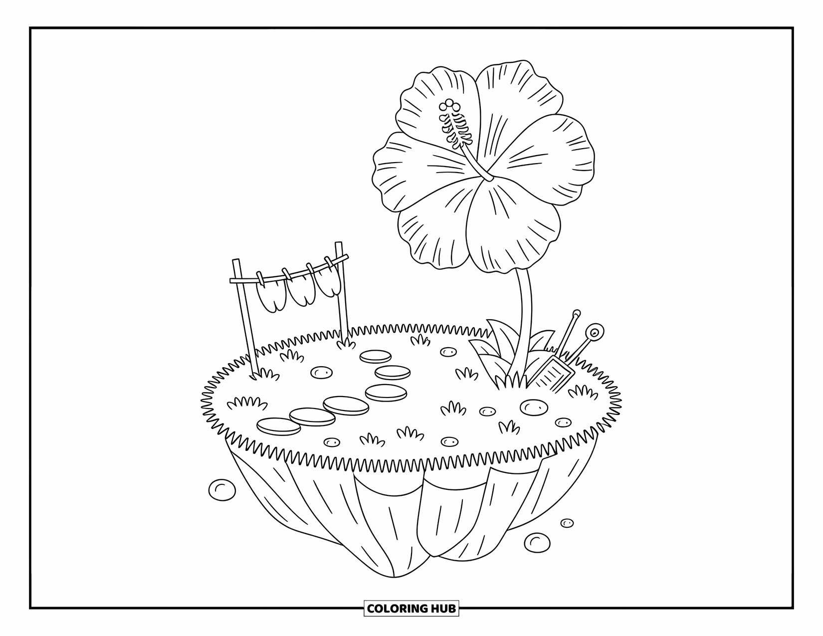 Hibiscus Coloring Page for Adults: Tiny island with a giant hibiscus flower and cute garden details