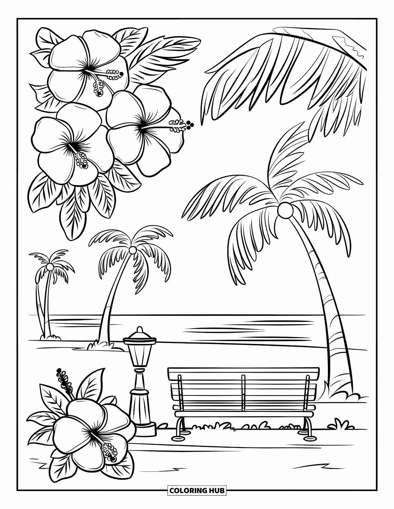 Hibiscus Coloring Page for Kids: Bench by the beach with hibiscus and palm trees