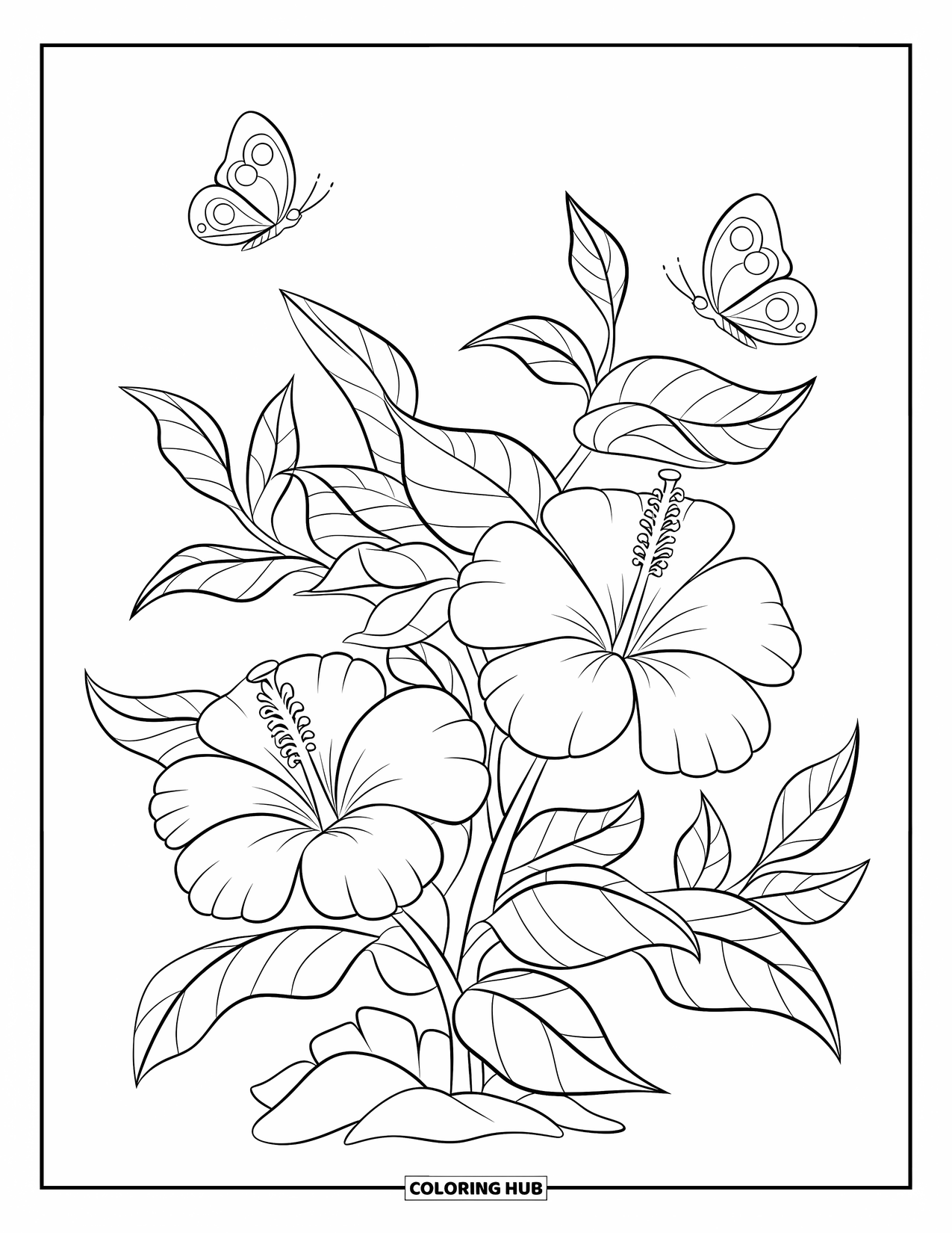 Hibiscus Coloring Page for Kids: Butterflies and hibiscus bush swaying in the breeze