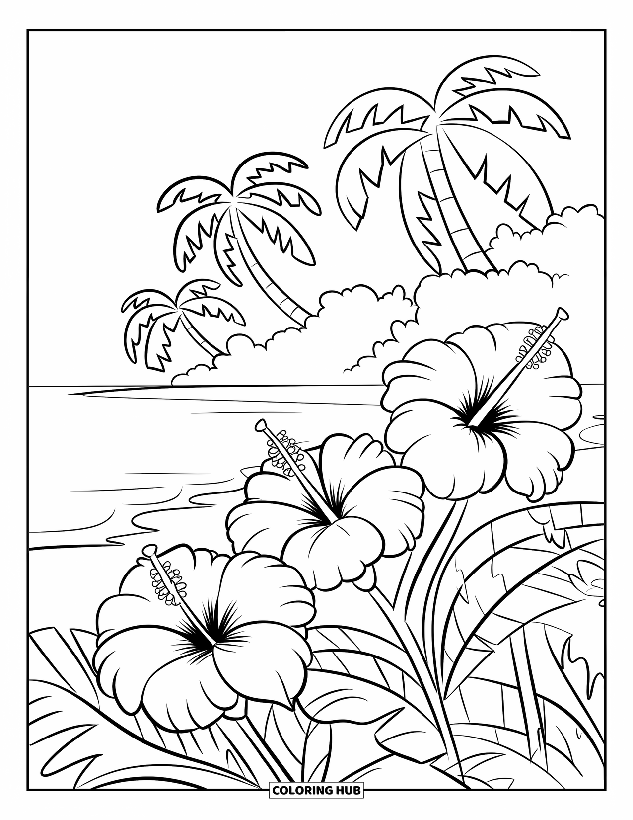 Hibiscus Coloring Page for Kids: Hibiscus and palm trees by a sandy beach