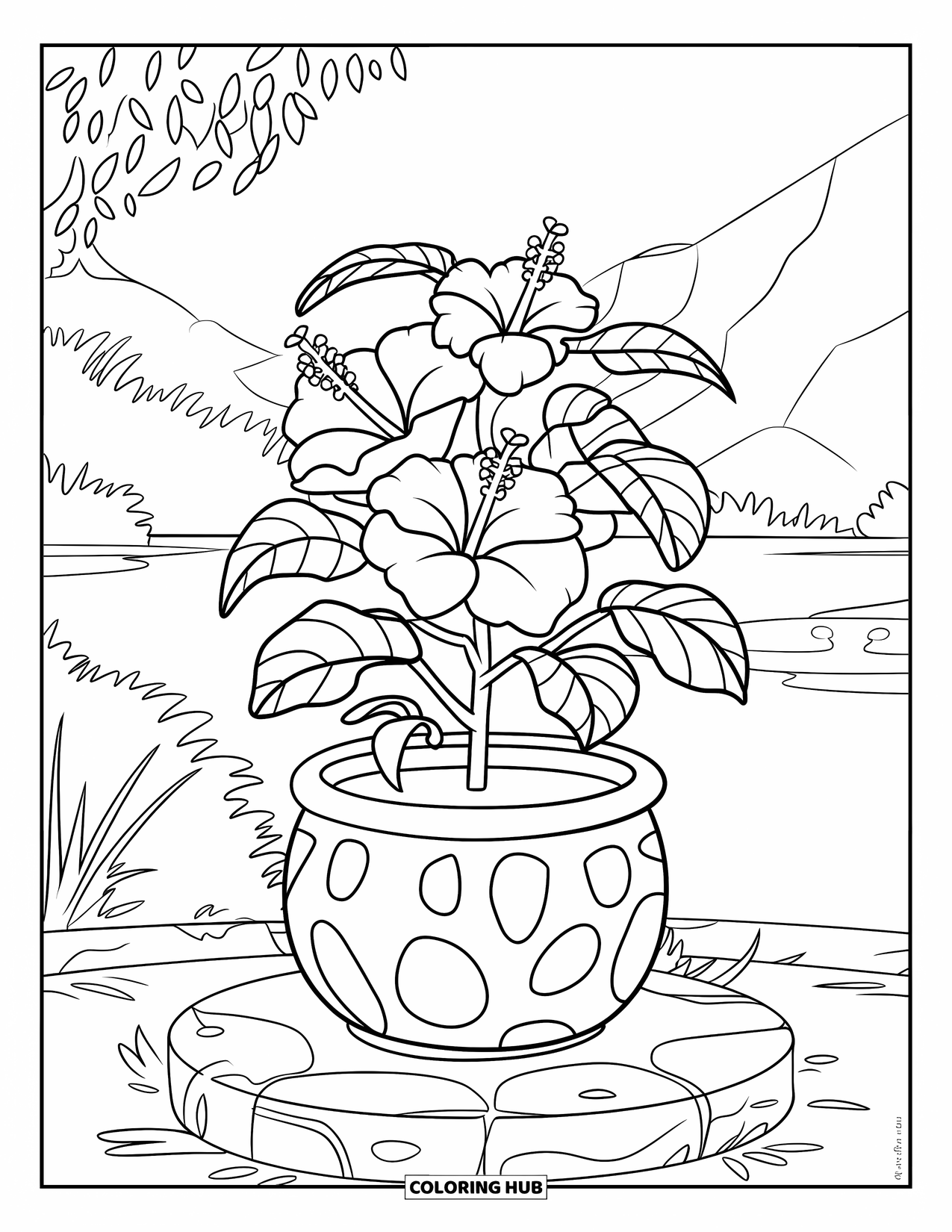 Hibiscus Coloring Page for Kids: Hibiscus in a round flowerpot with scenic mountain background