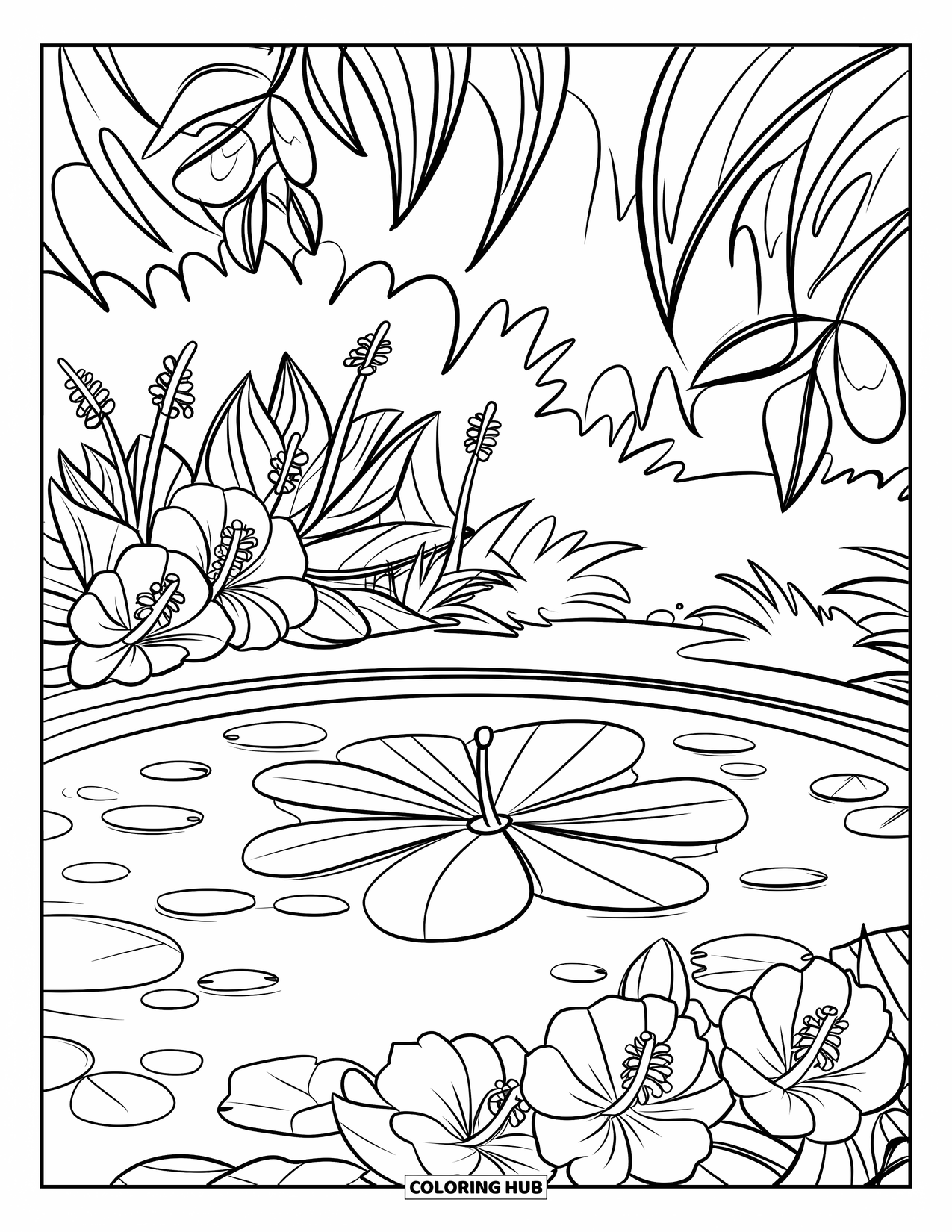 Hibiscus Coloring Page for Kids: Serene pond with hibiscus blooms and leafy surroundings