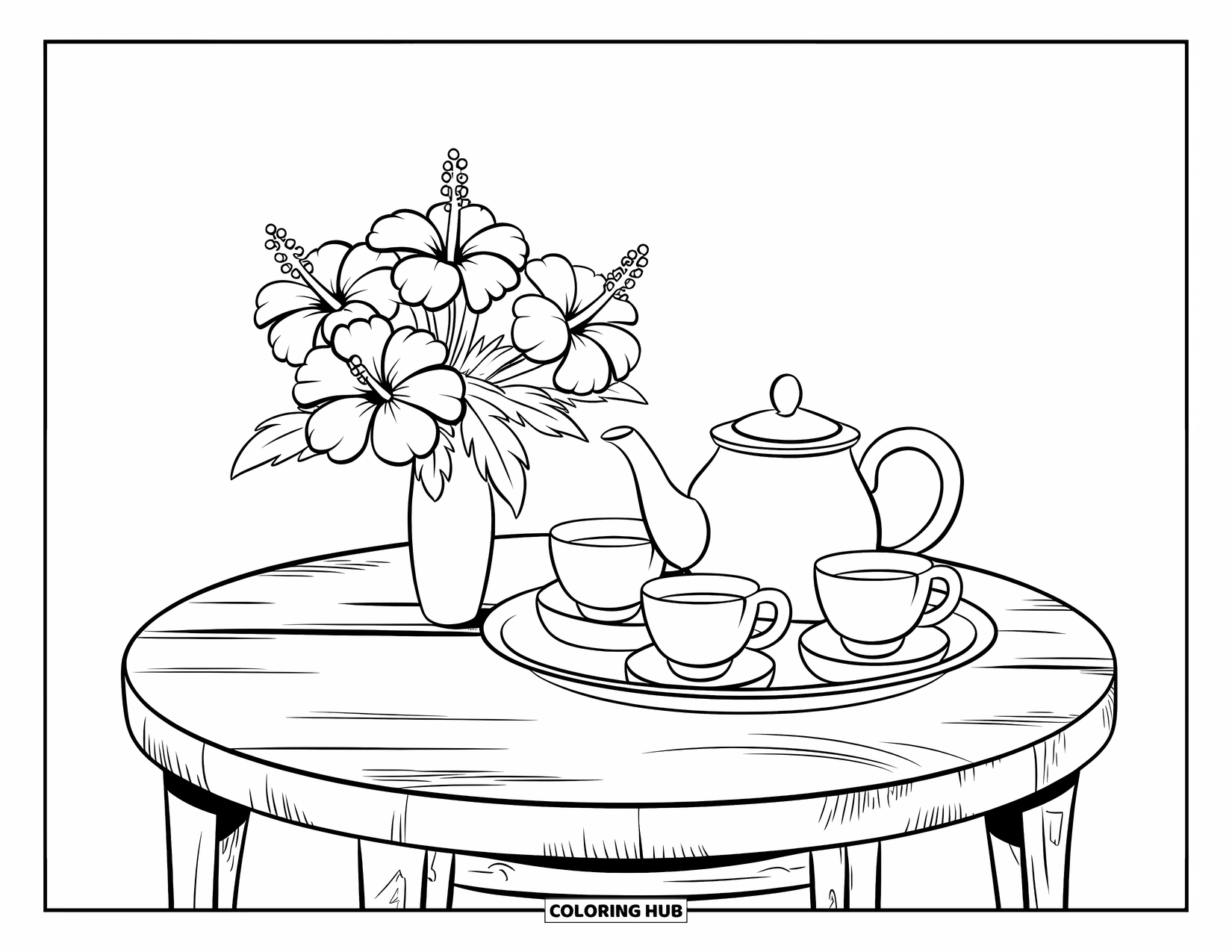 Hibiscus Coloring Page for Kids: Tea set and hibiscus vase on a wooden table