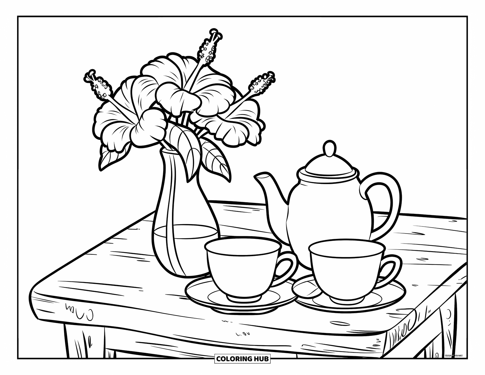 Hibiscus Coloring Page for Kids: Teapot and cups beside hibiscus in a small vase