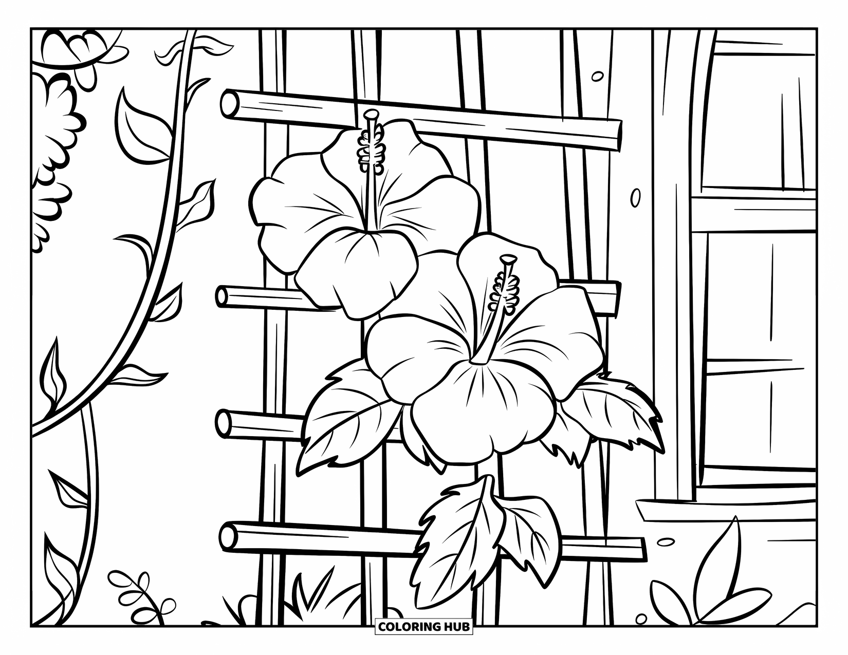Hibiscus Coloring Page for Kids: Trellis with blooming hibiscus and a curious little bird