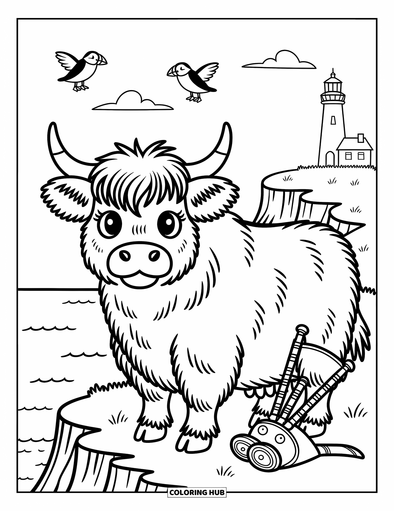 Highland Cow Coloring Page for Adults: A breezy cliffside scene shows a cow, puffins, and a resting set of bagpipes