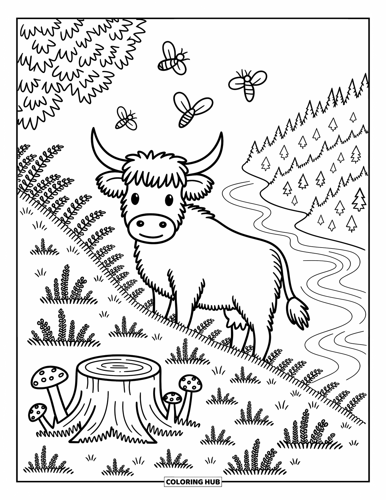 Highland Cow Coloring Page for Adults: A cheerful cow stands in heather as bees and butterflies hover around mushrooms and trees