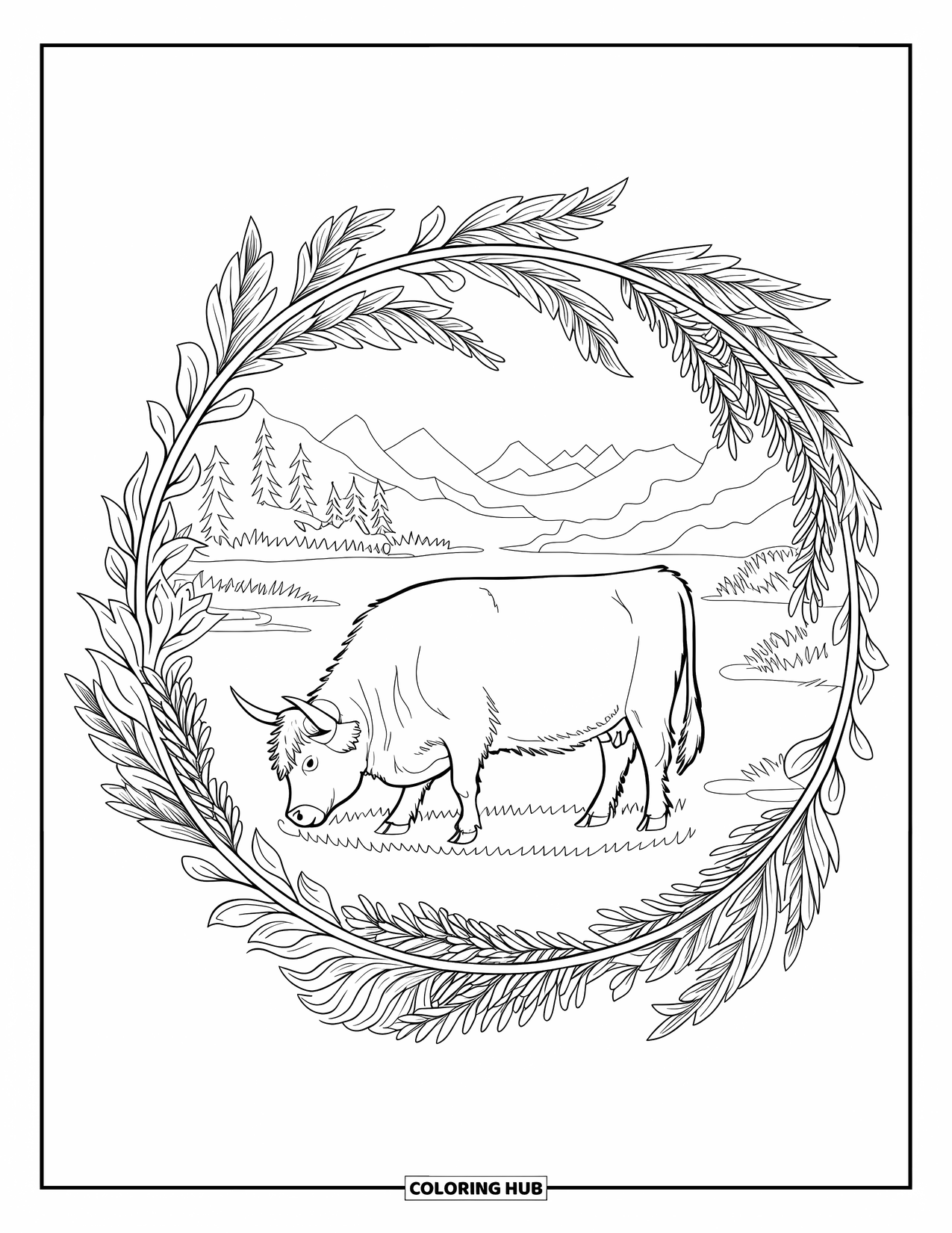 Highland Cow Coloring Page for Adults: A cow grazes peacefully inside a circle of vines and blooming leaves
