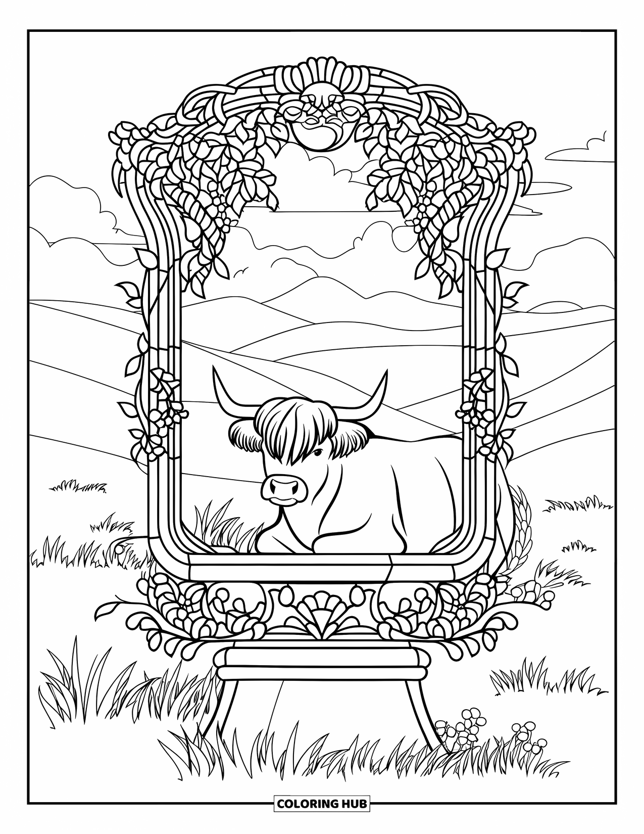 Highland Cow Coloring Page for Adults: A cow lies peacefully in a glass-style frame on a pedestal near open hills