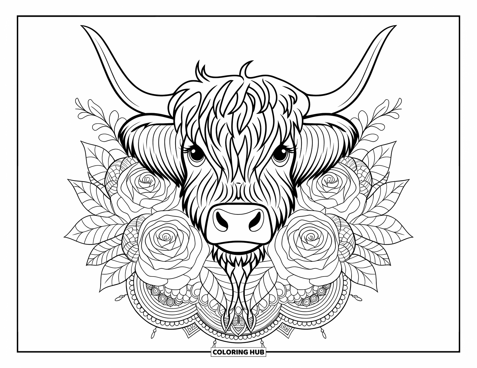 Highland Cow Coloring Page for Adults: A curly-haired cow looks calm among roses, eucalyptus leaves, and intricate mandalas