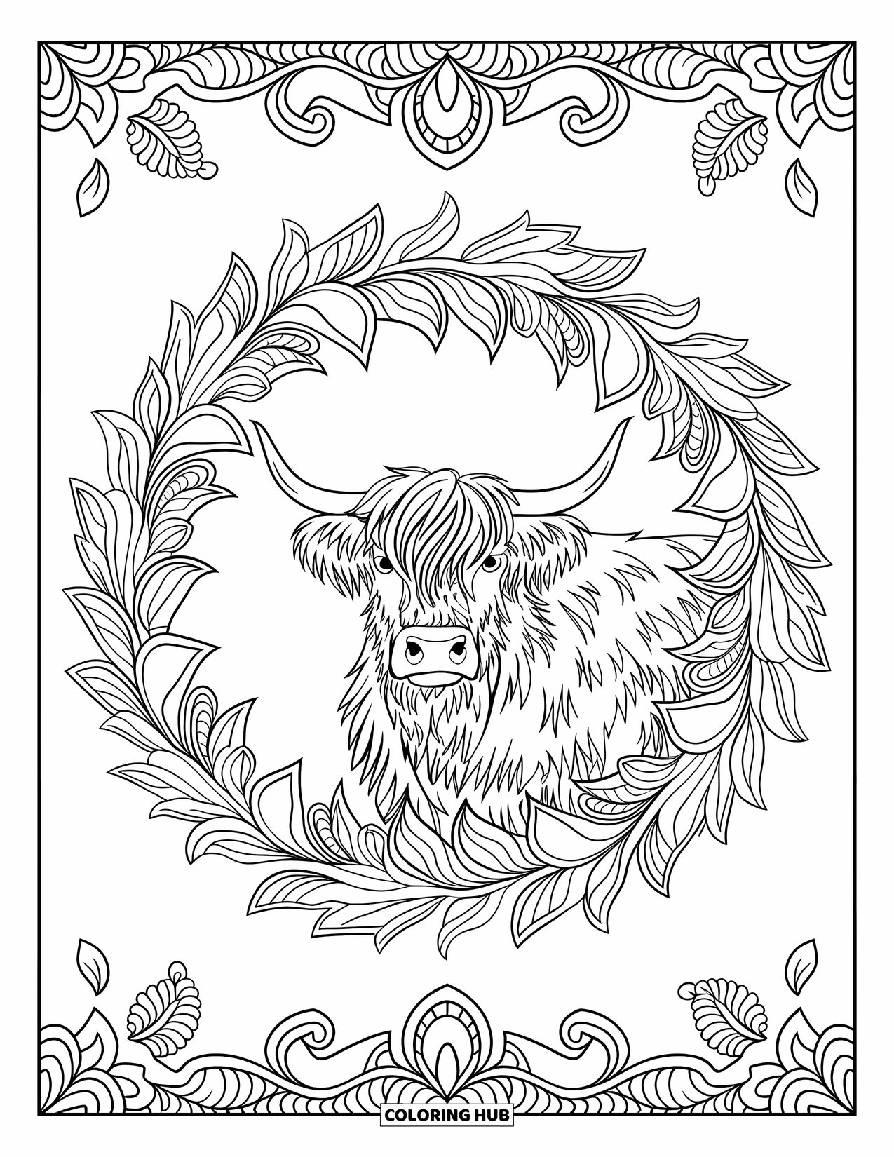 Highland Cow Coloring Page for Adults: A dignified cow is surrounded by a floral mandala filled with leafy detail