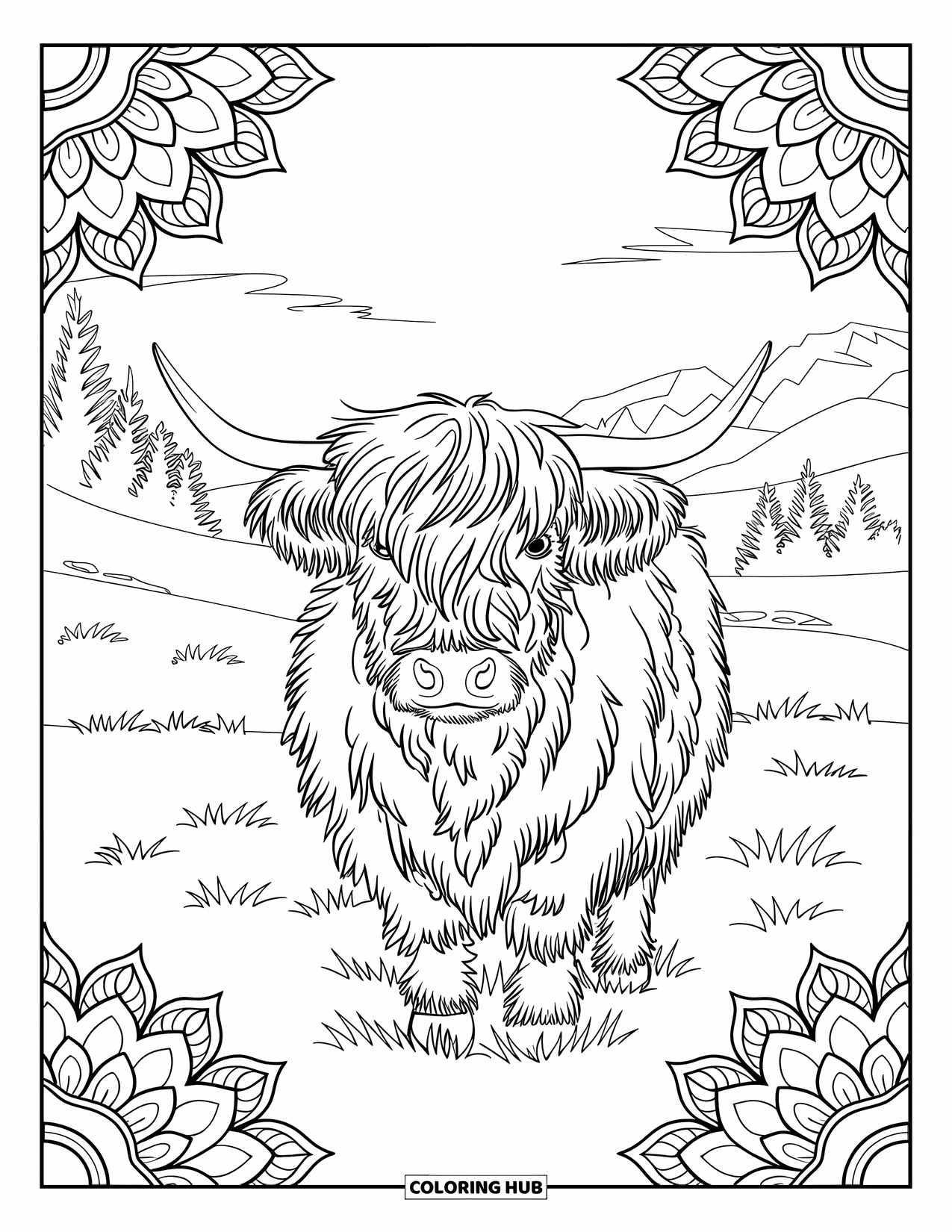 Highland Cow Coloring Page for Adults: A fluffy cow stands among mandala petals and delicate leaves in a quiet field