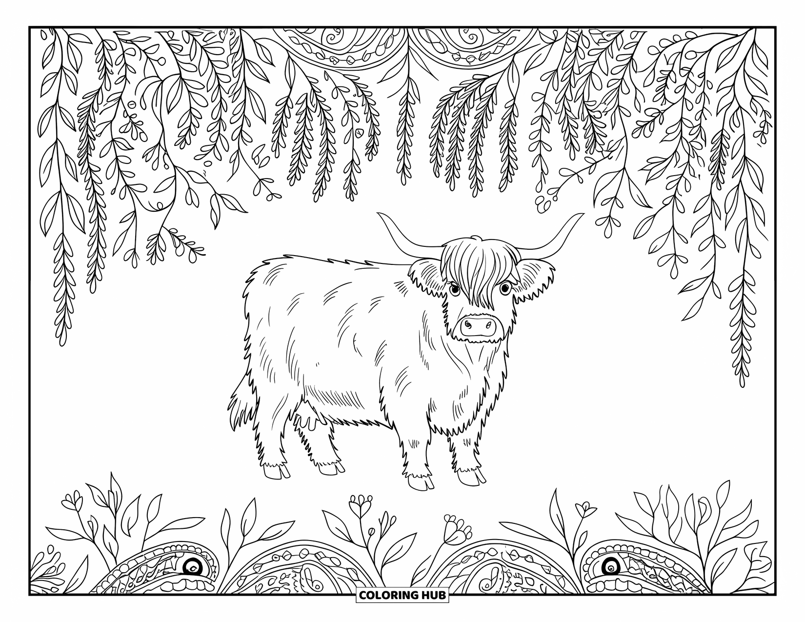 Highland Cow Coloring Page for Adults: A fluffy cow stands in a border of blossoms, mossy swirls, and trailing plants