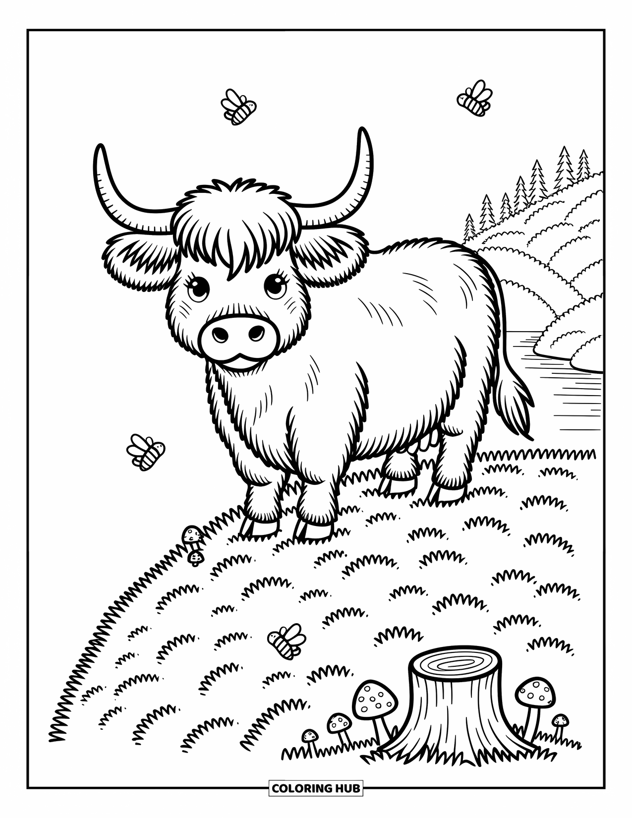 Highland Cow Coloring Page for Adults: A fluffy cow stands in heather while bees and butterflies flutter nearby