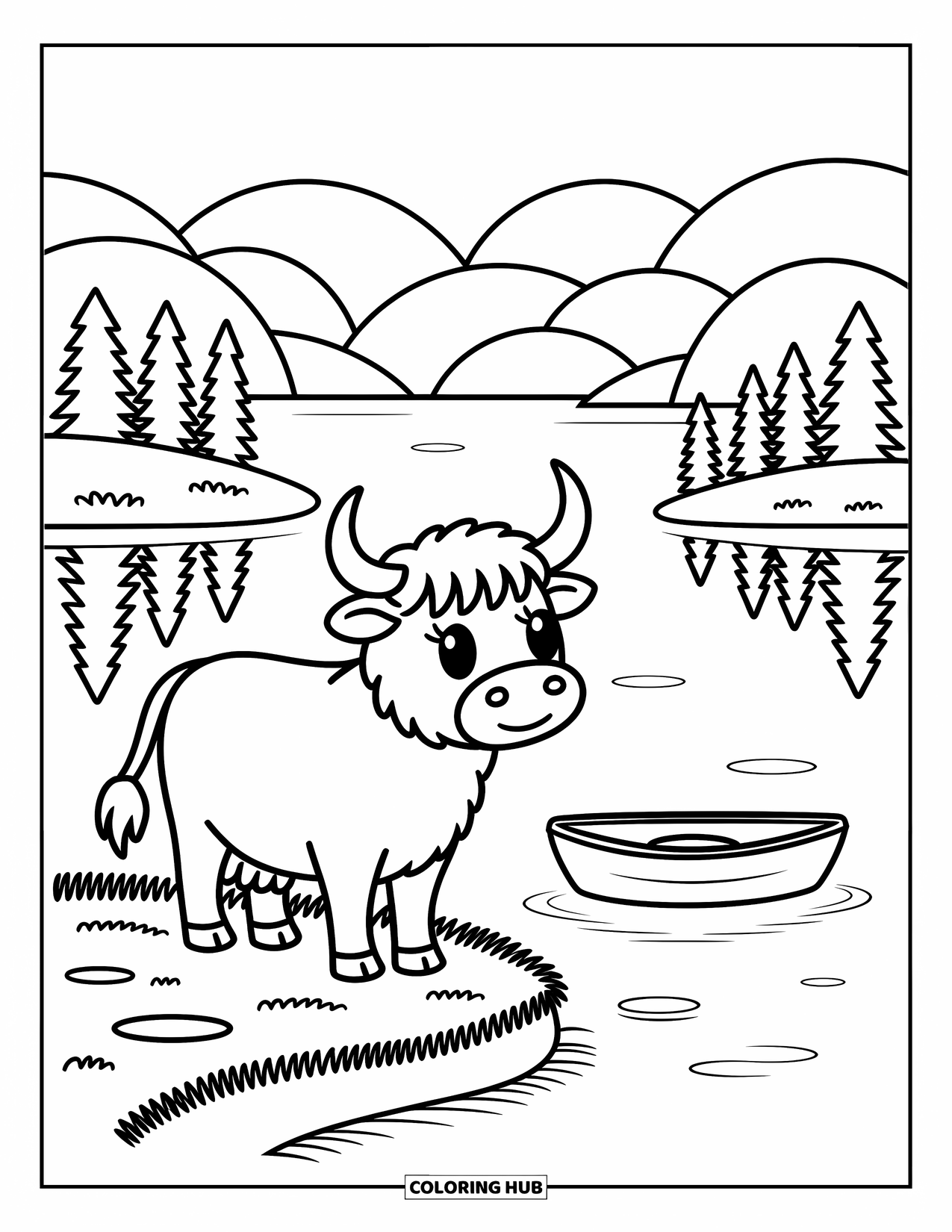 Highland Cow Coloring Page for Adults: A friendly cow stands by a loch, watching a tiny rowboat float nearby
