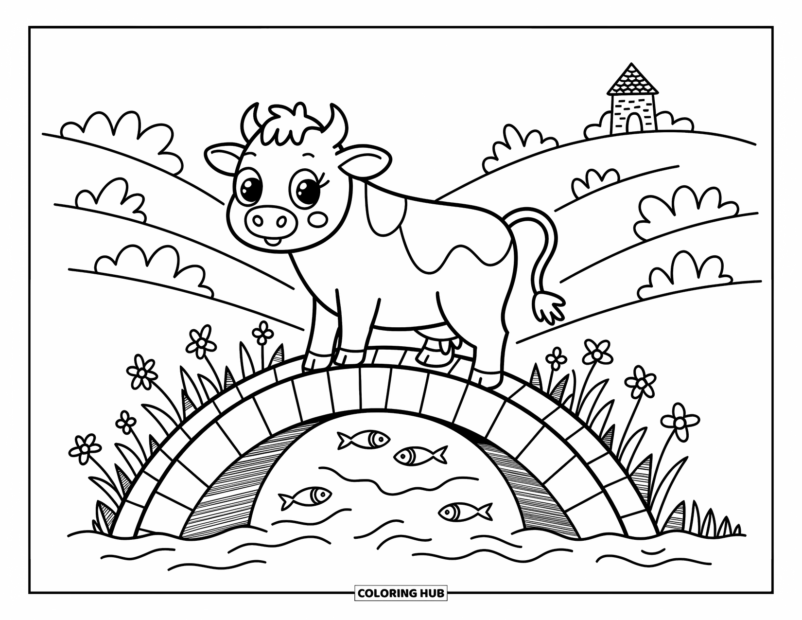 Highland Cow Coloring Page for Adults: A happy cow crosses a bridge while fish jump and flowers peek from the stones