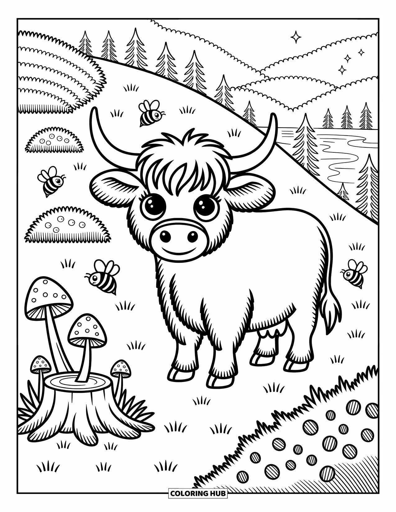 Highland Cow Coloring Page for Adults: A joyful cow stands on a hillside with butterflies, mushrooms, and a distant river