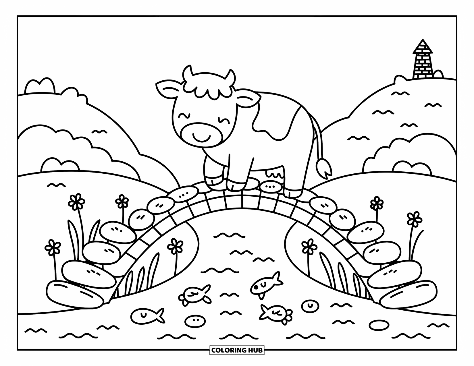 Highland Cow Coloring Page for Adults: A kawaii cow walks across a bridge as fish splash and wildflowers bloom around