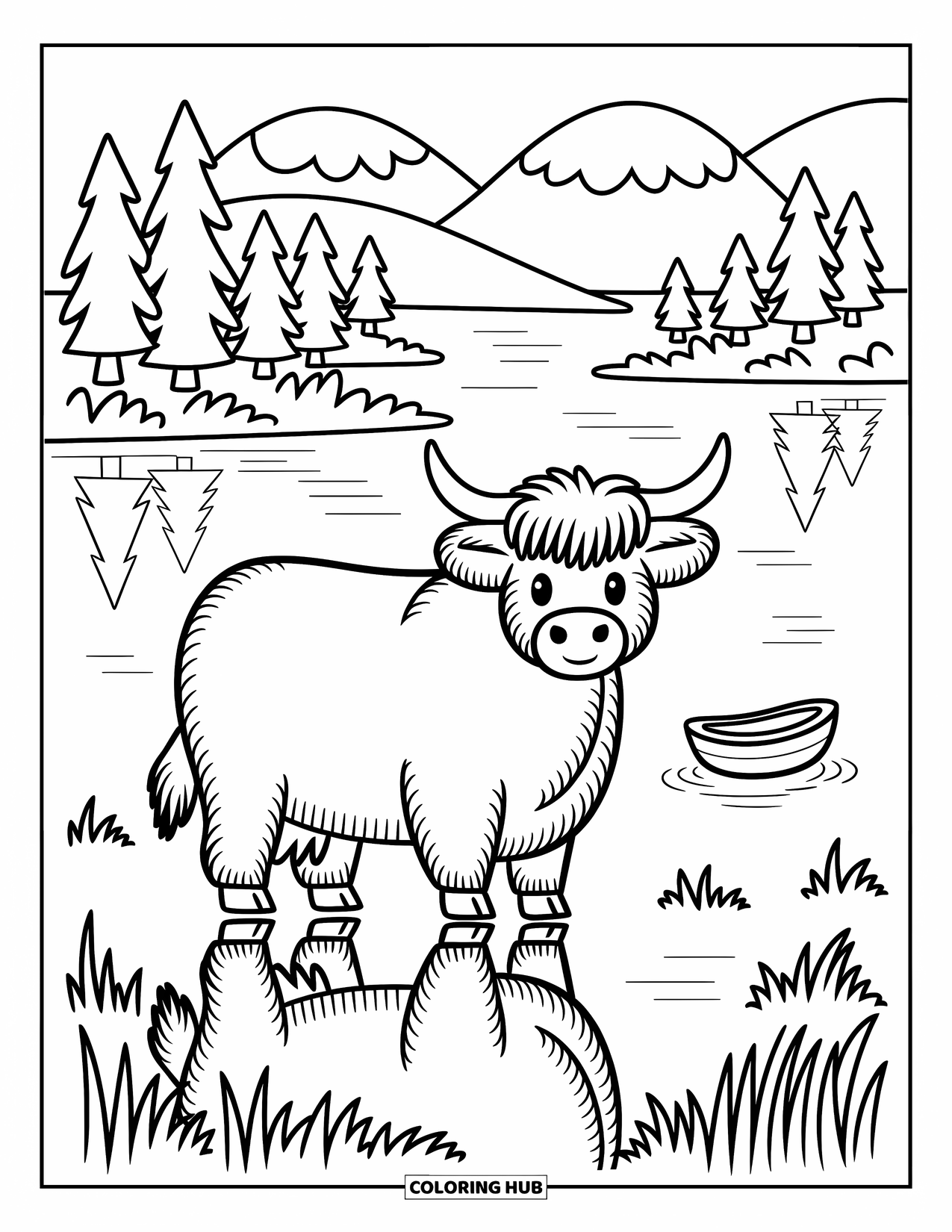 Highland Cow Coloring Page for Adults: A peaceful cow reflects in loch water near a boat and cozy pine trees