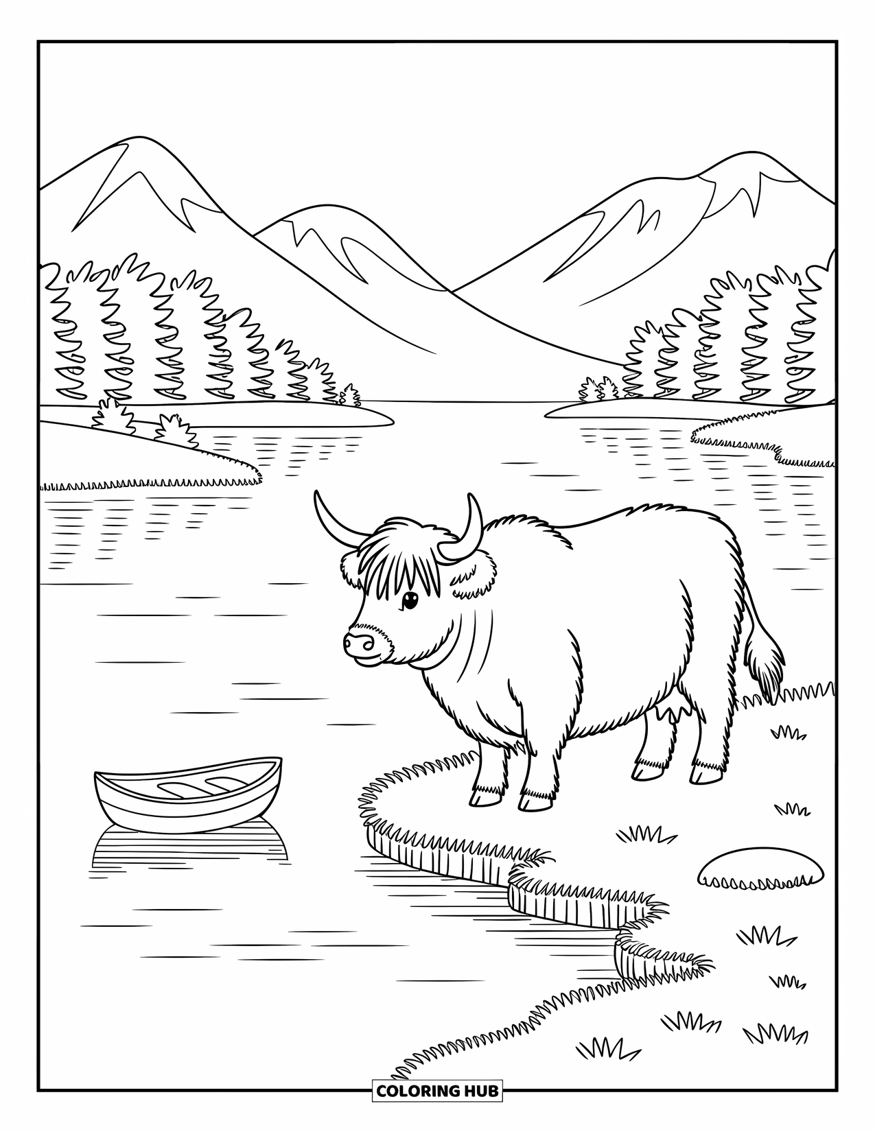 Highland Cow Coloring Page for Adults: A quiet cow stands by a calm loch with a rowboat and soft hills beyond