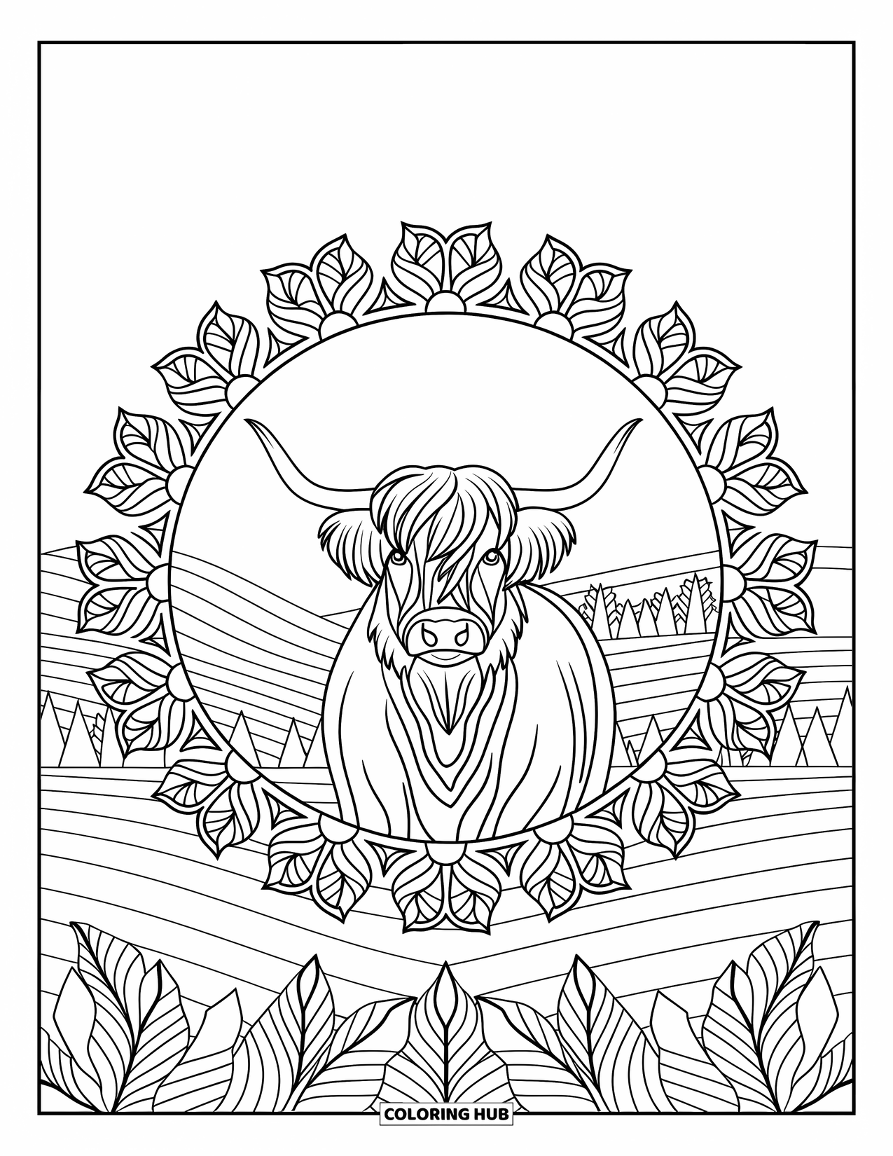 Highland Cow Coloring Page for Adults: A regal cow is centered in a mandala of petals, leaves, and gentle hills