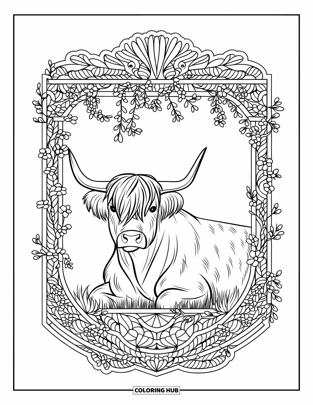 Highland Cow Coloring Page for Adults: A resting cow lies within a stained-glass frame of vines and blooming flowers