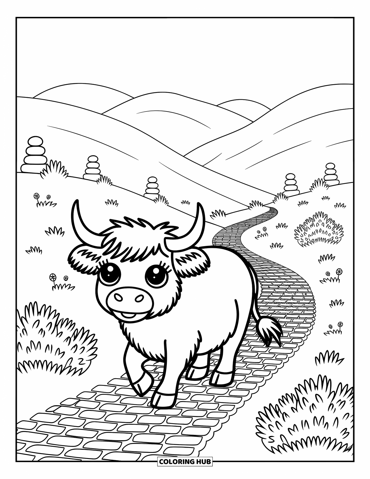 Highland Cow Coloring Page for Adults: A smiling cow trots along a winding trail through cozy, flower-filled hills