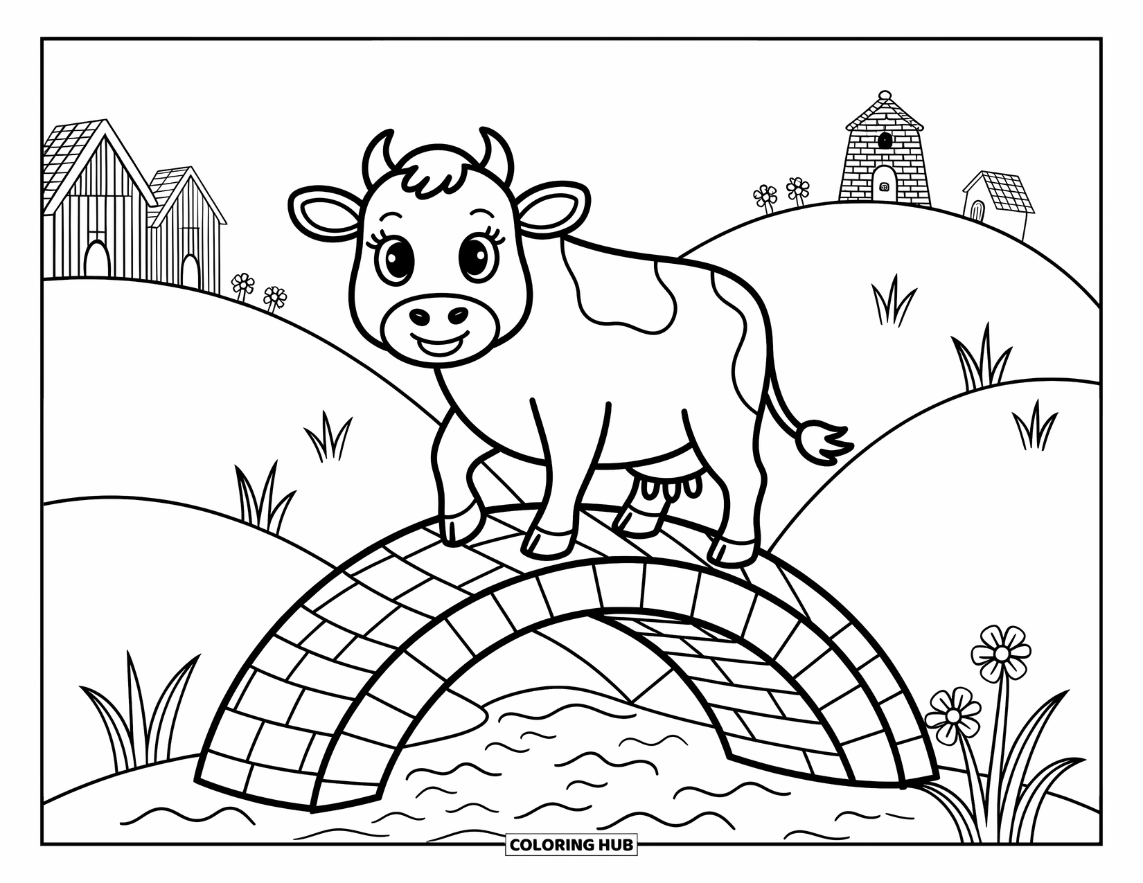 Highland Cow Coloring Page for Adults: A sweet cow crosses a stone bridge as fish leap and flowers bloom nearby