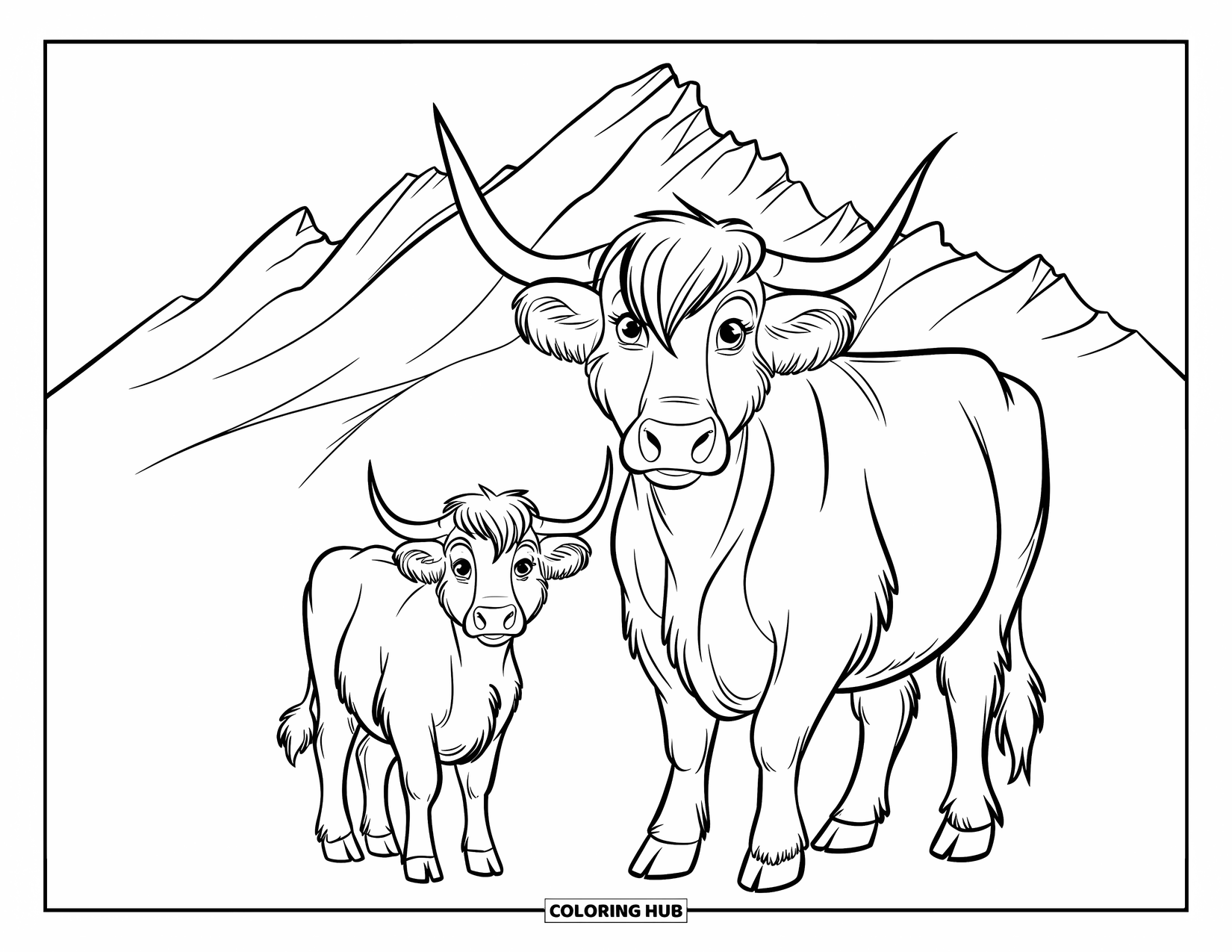 Highland Cow Coloring Page for Kids: A beige cow and her white calf stand in front of a mountain range