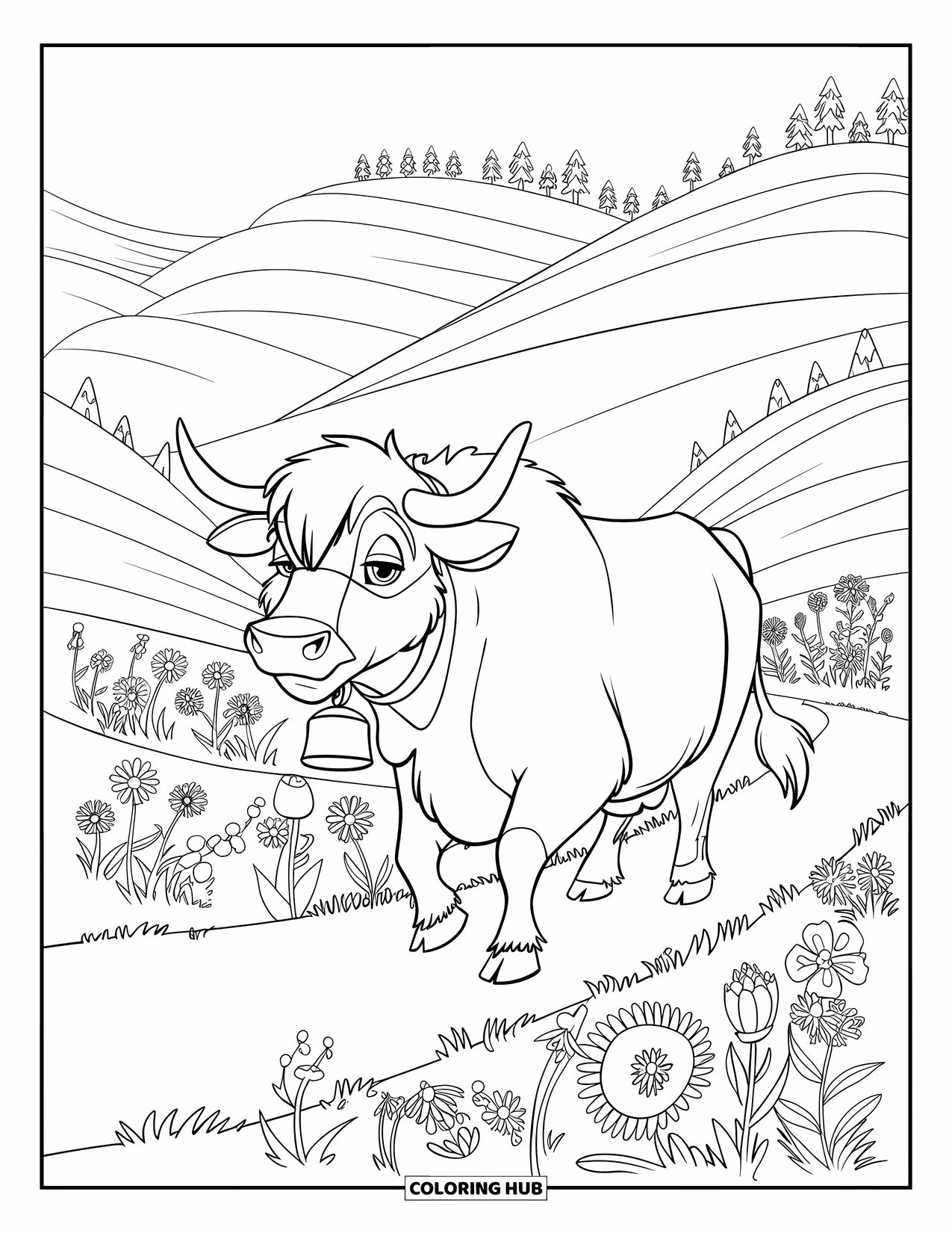 Highland Cow Coloring Page for Kids: A bell-wearing cow walks through layered hills filled with giant flowers and trees