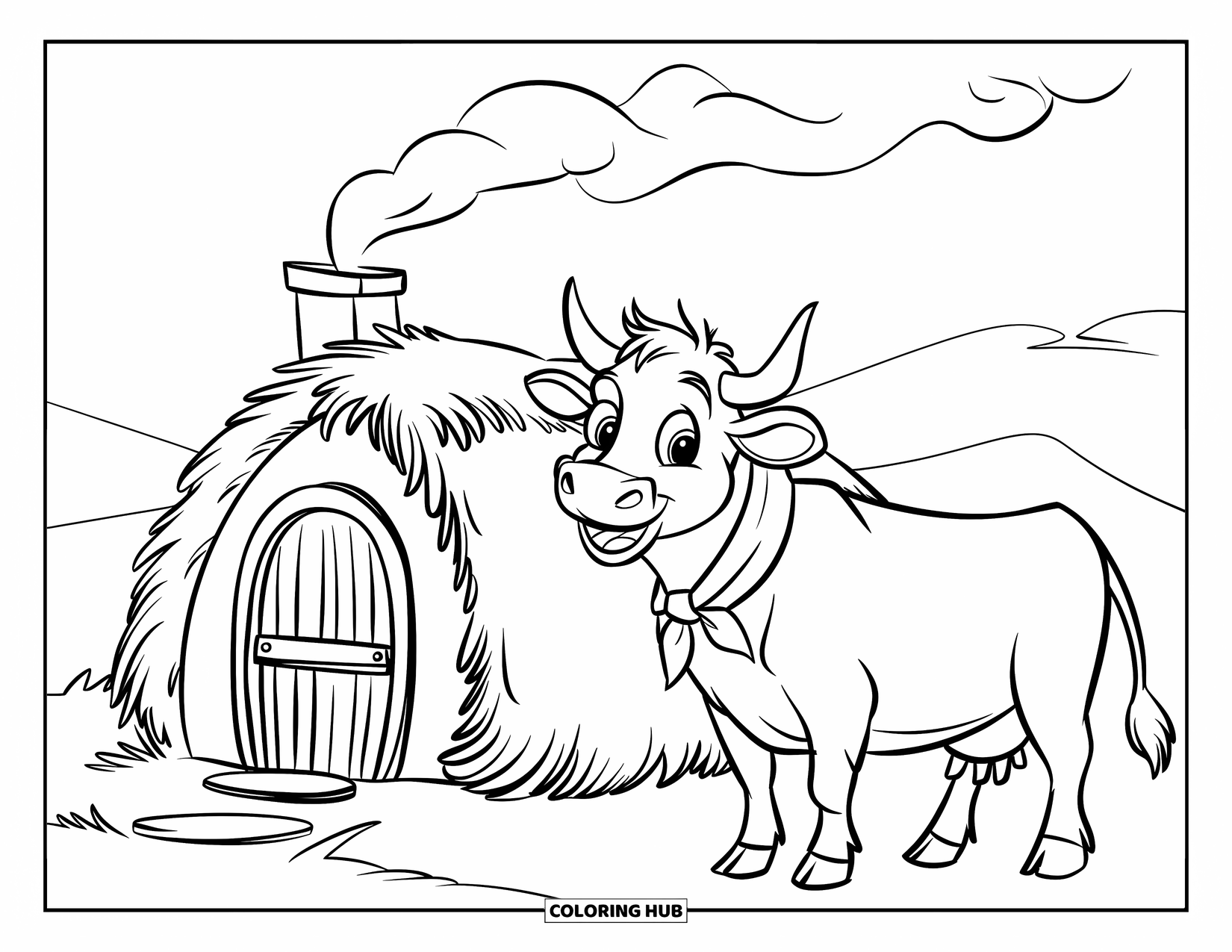 Highland Cow Coloring Page for Kids: A cheerful cow in a red scarf stands near a thatched hut and rolling hills