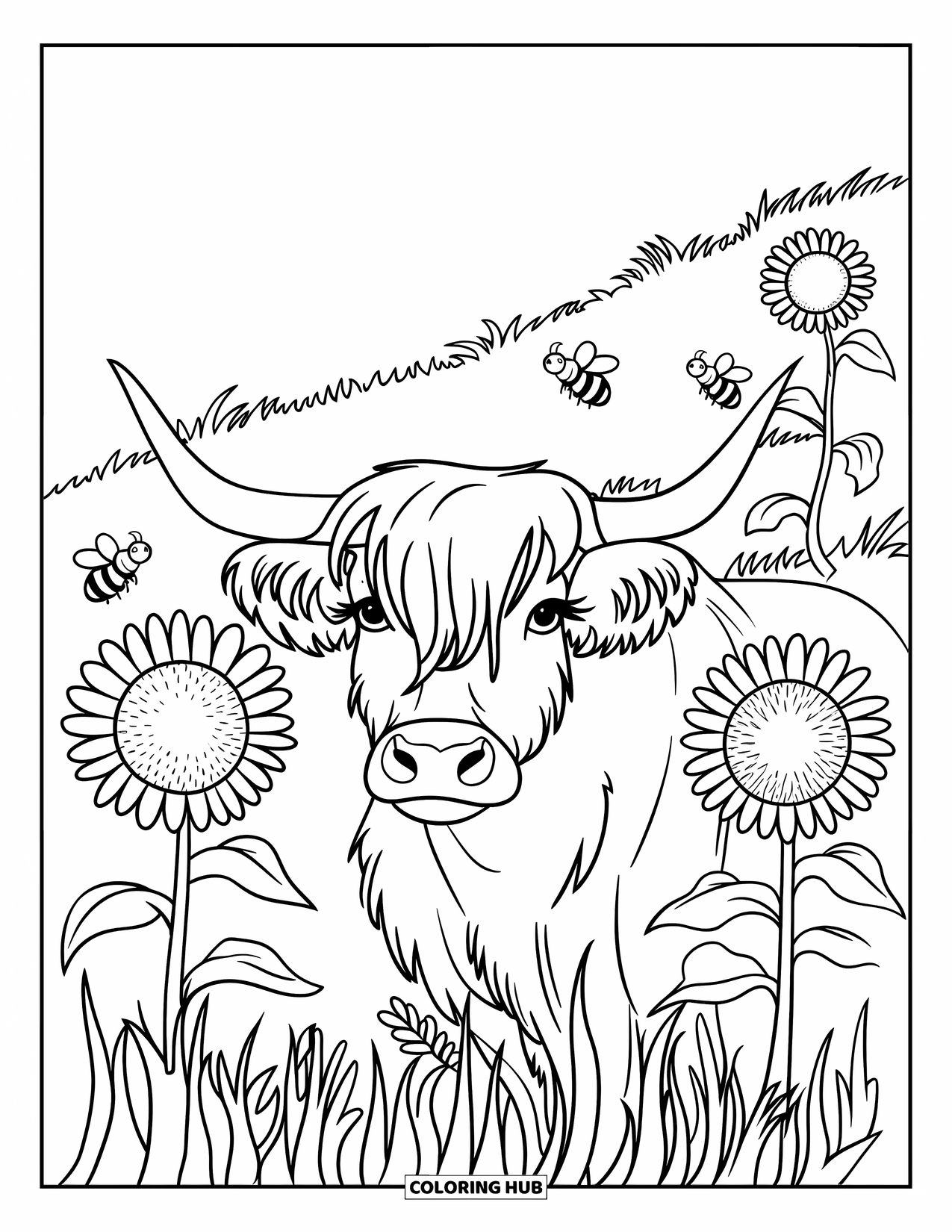 Highland Cow Coloring Page for Kids: A cheerful cow peeks through tall grass and sunflowers on a gentle hillside