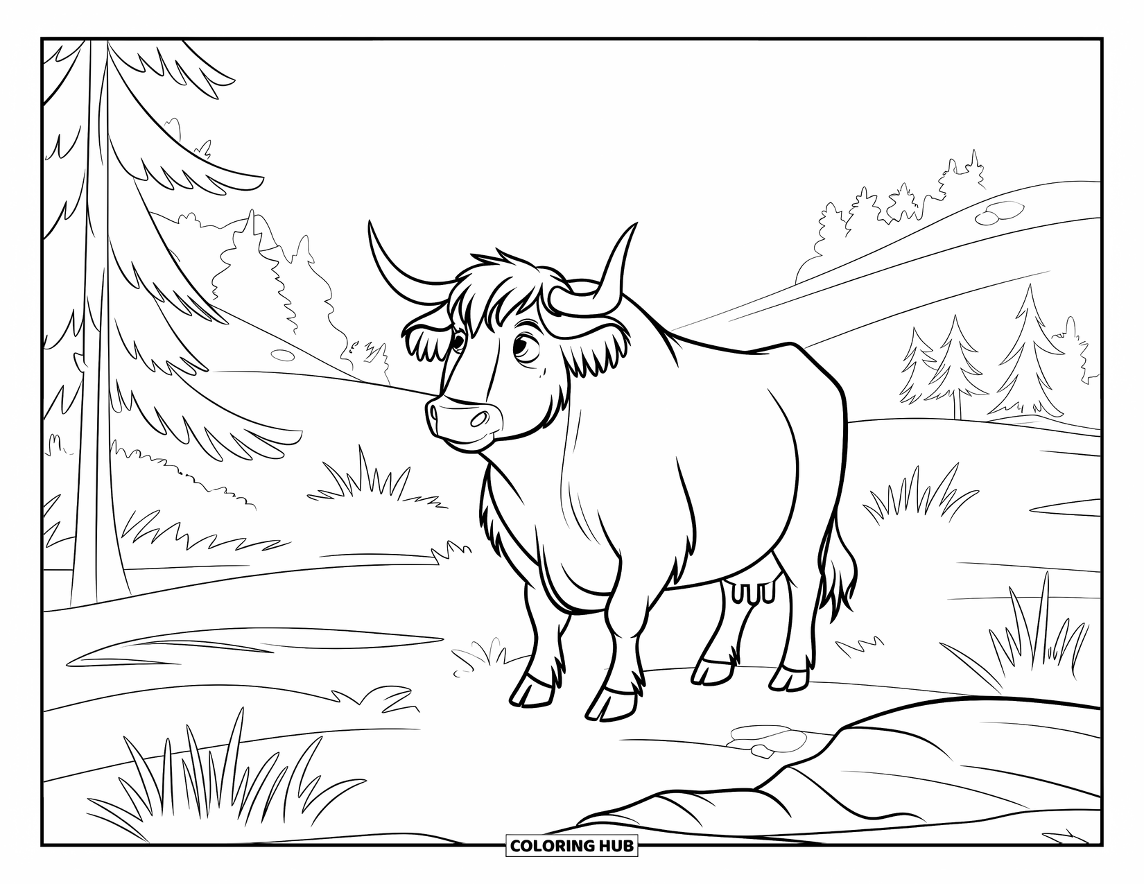 Highland Cow Coloring Page for Kids: A cow stands on rocky ground among pine trees and rolling hills in the morning light