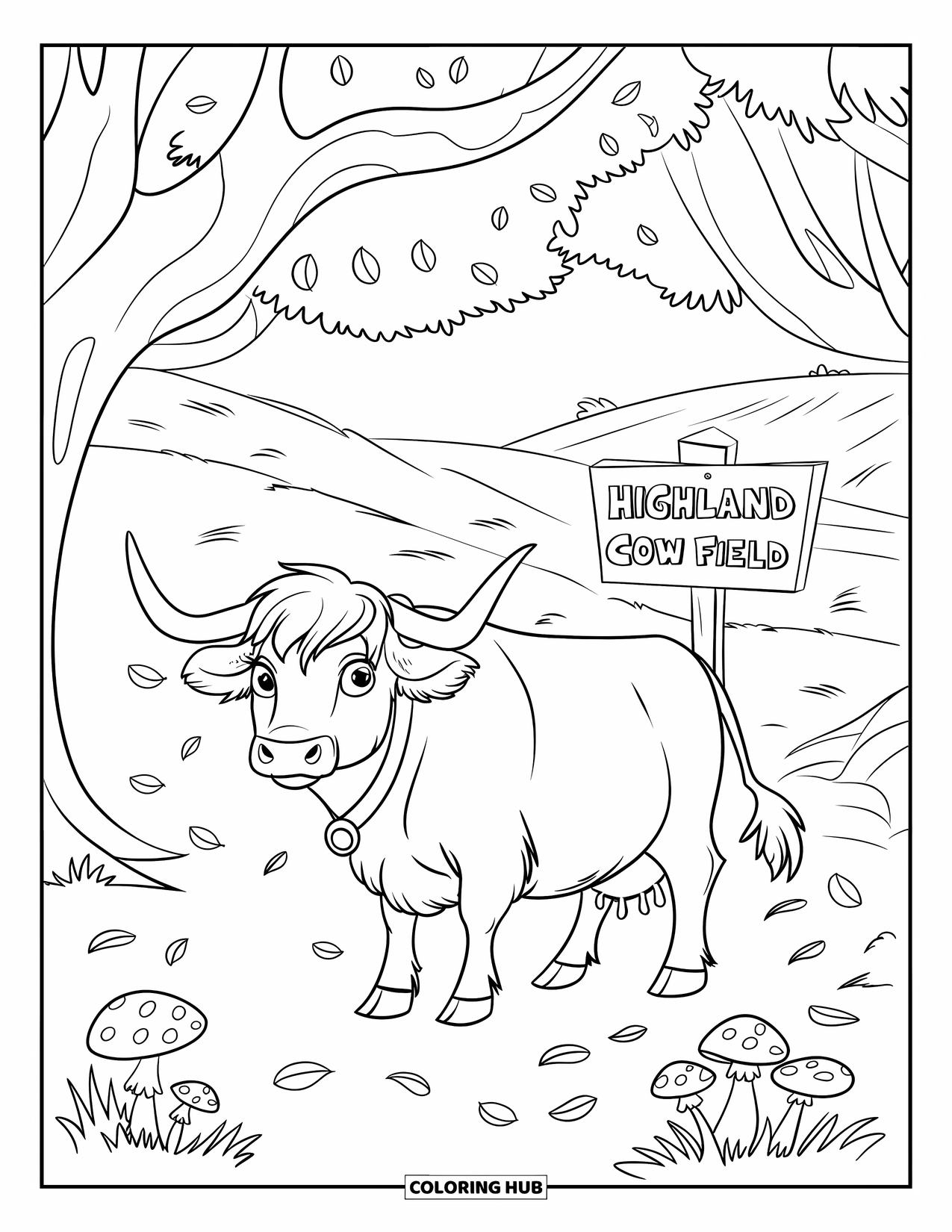 Highland Cow Coloring Page for Kids: A cow stands under trees near a wooden sign labeled "Highland Cow Field"