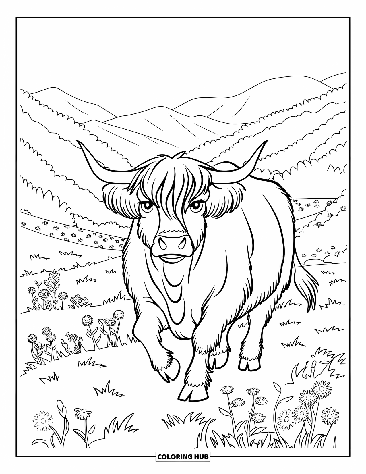 Highland Cow Coloring Page for Kids: A cow with curved horns walks through grassy hills covered in wildflowers