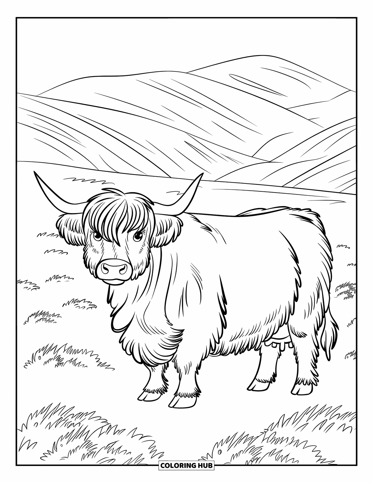 Highland Cow Coloring Page for Kids: A curly brown cow stands in a meadow backed by dramatic hills