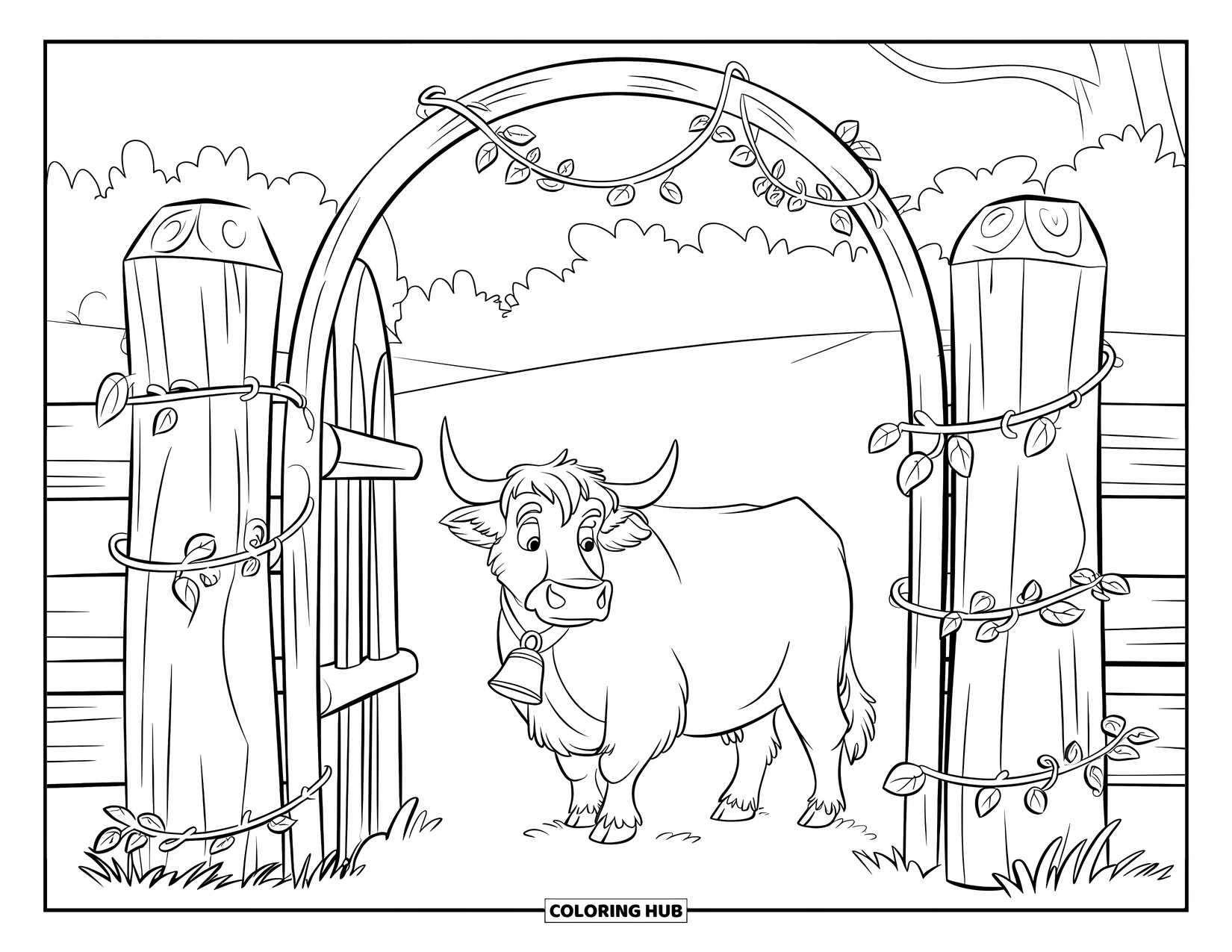 Highland Cow Coloring Page for Kids: A curly-coated cow with a bell stands by a log gate wrapped in leafy vines