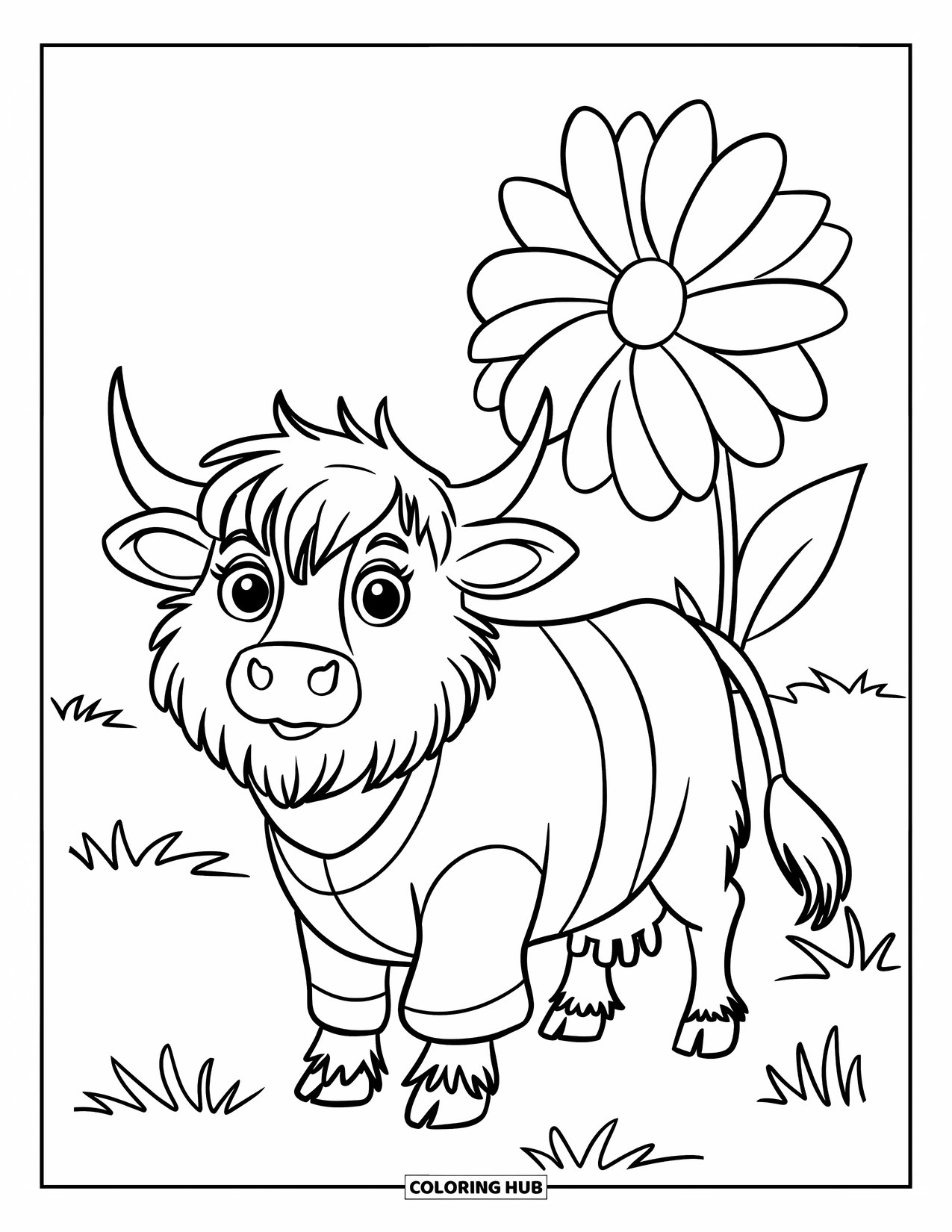 Highland Cow Coloring Page for Kids: A fluffy cow in a sweater stands next to a flower in a grassy field