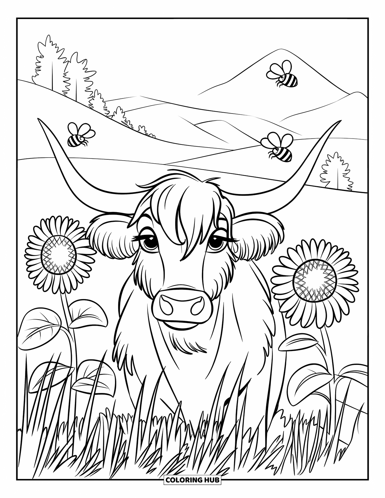Highland Cow Coloring Page for Kids: A fluffy cow peeks through flowers and grass with bees buzzing in a peaceful landscape