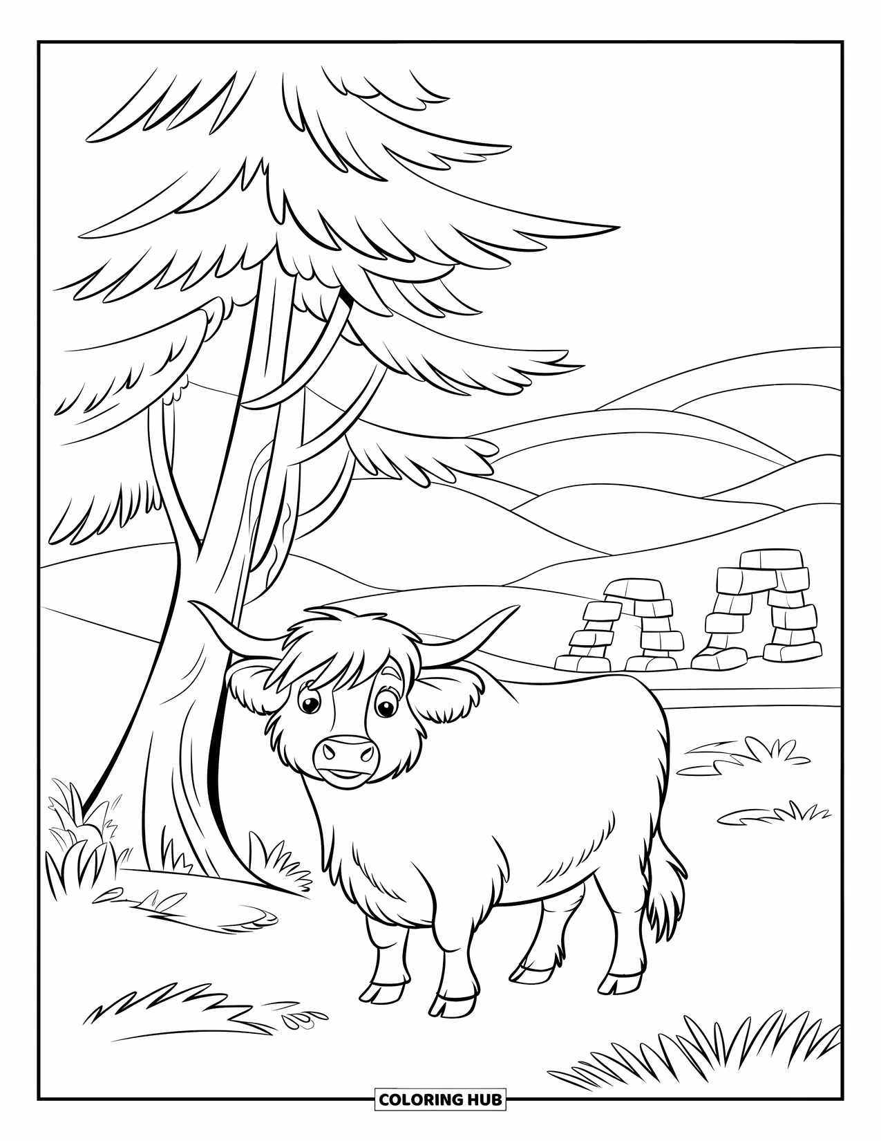 Highland Cow Coloring Page for Kids: A fluffy cow stands beneath a windswept pine tree and ancient stone ruins