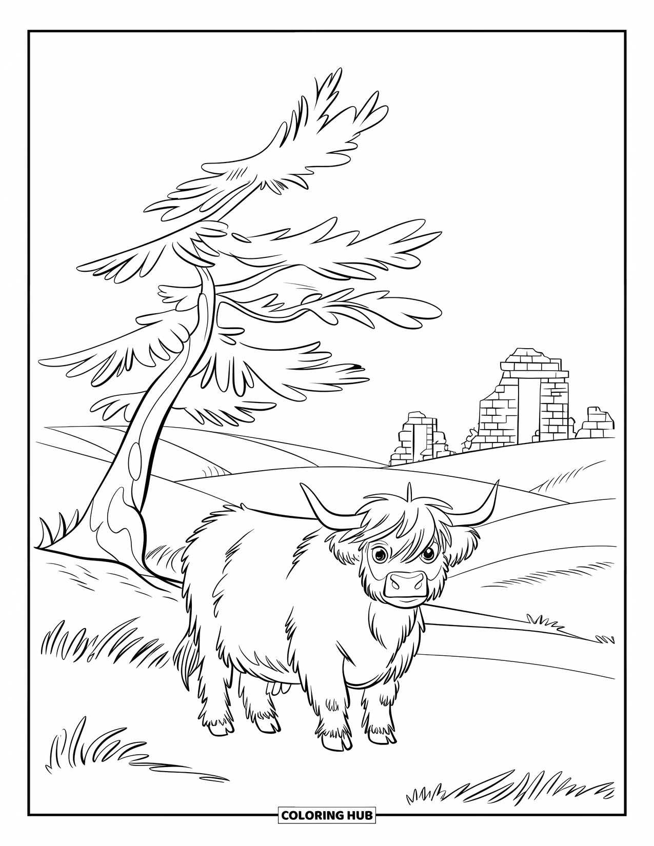 Highland Cow Coloring Page for Kids: A fluffy cow stands near ruins under a tree with breezy hills behind