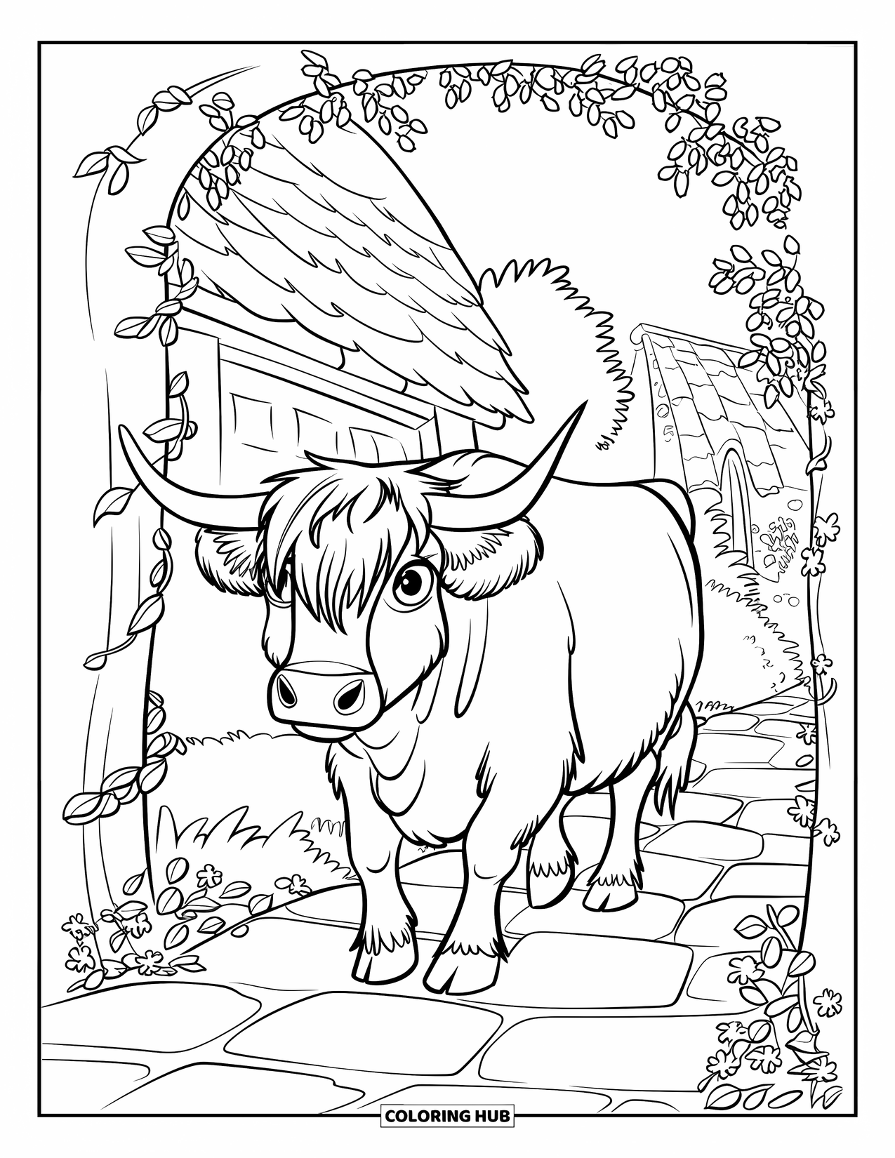 Highland Cow Coloring Page for Kids: A fluffy cow strolls a cobbled path by a stone house and greenery